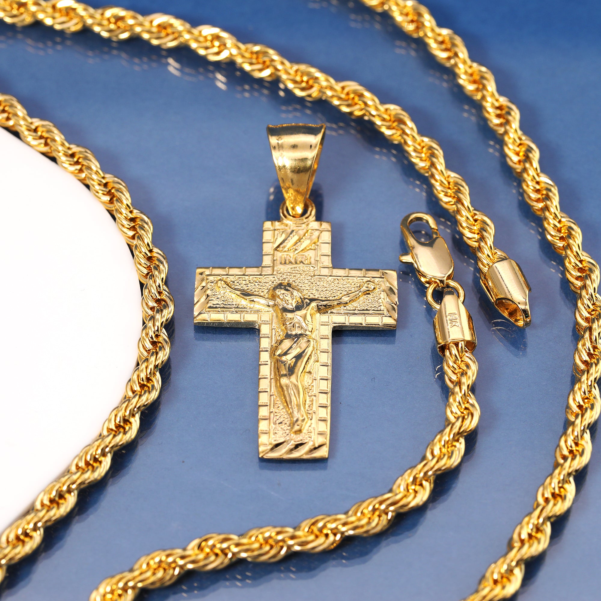 INRI Jesus Cross Pendant Rope Chain 14k Gold Plated