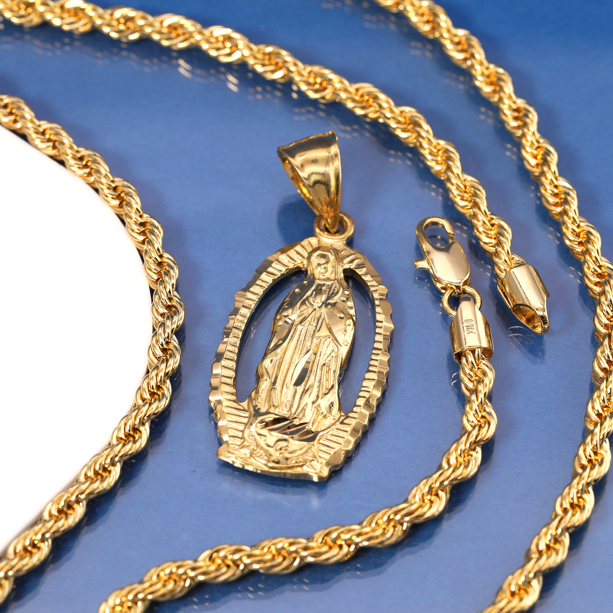 Hollow Virgin Mary Pendant Rope Chain 14k Gold Plated