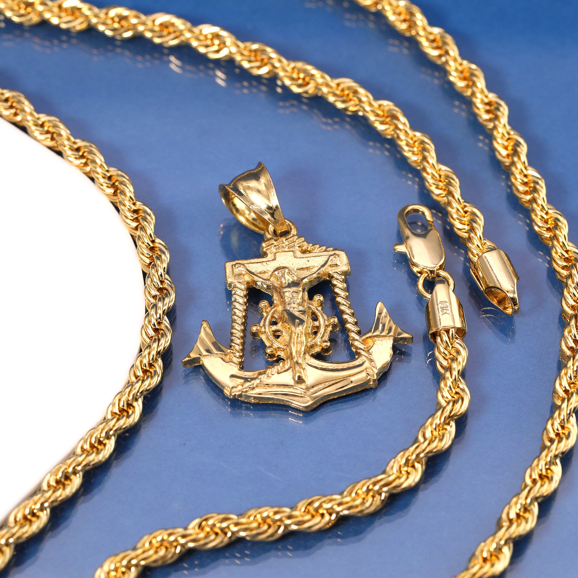 Anchor Jesus Pendant Rope Chain 14k Gold Plated