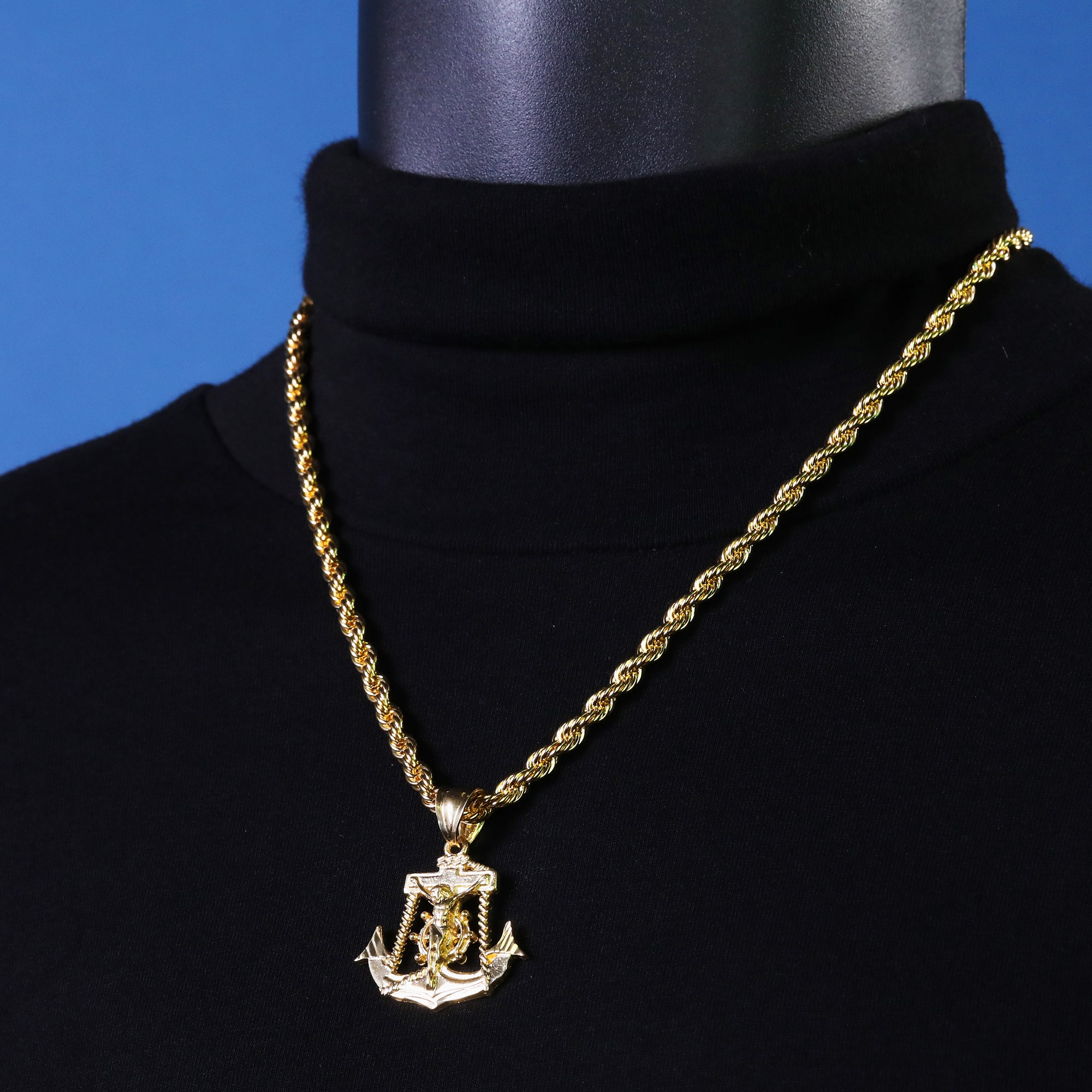 Anchor Jesus Pendant Rope Chain 14k Gold Plated