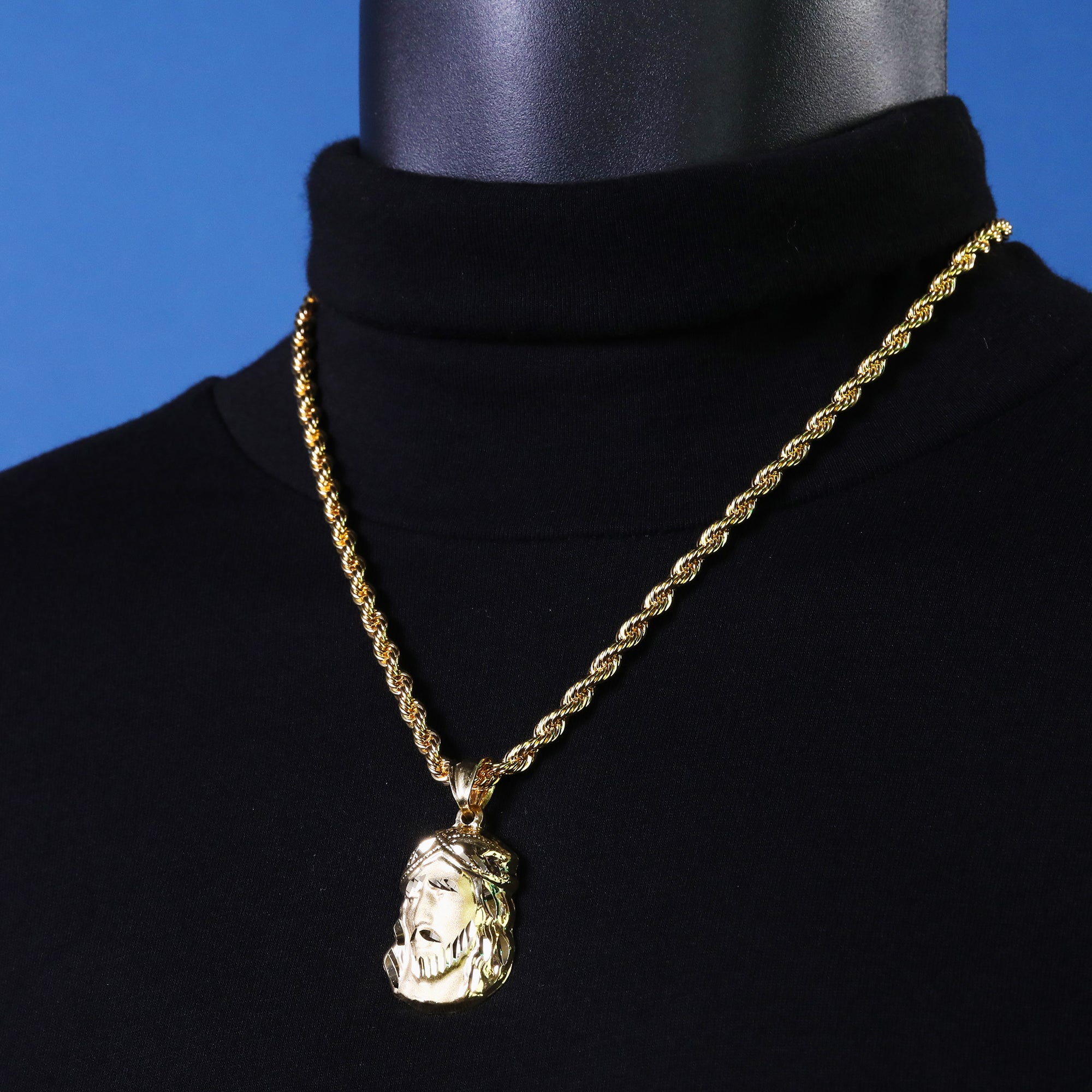 Jesus Thick Face Pendant Rope Chain 14k Gold Plated
