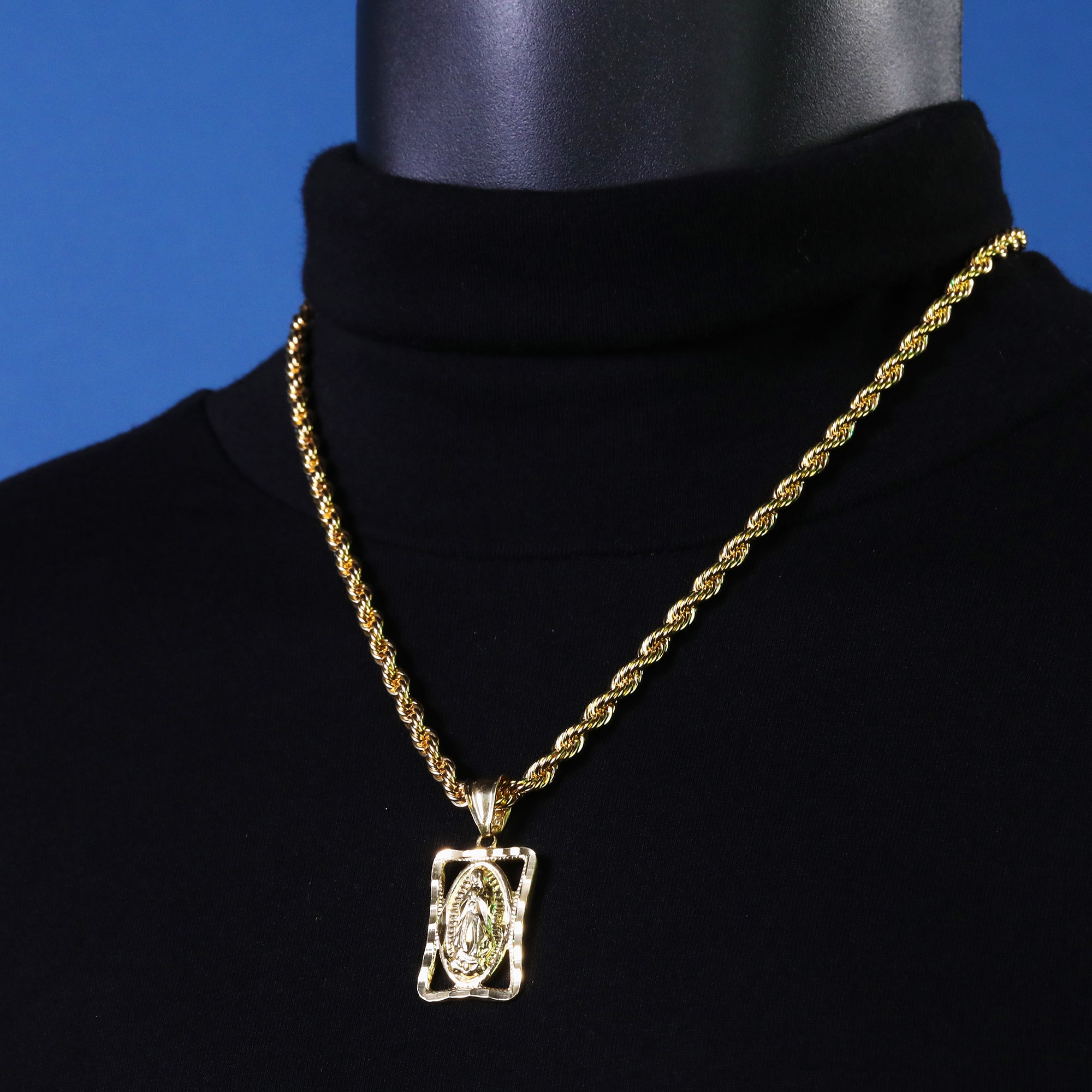 Hollow Virgin Mary Pendant Rope Chain 14k Gold Plated