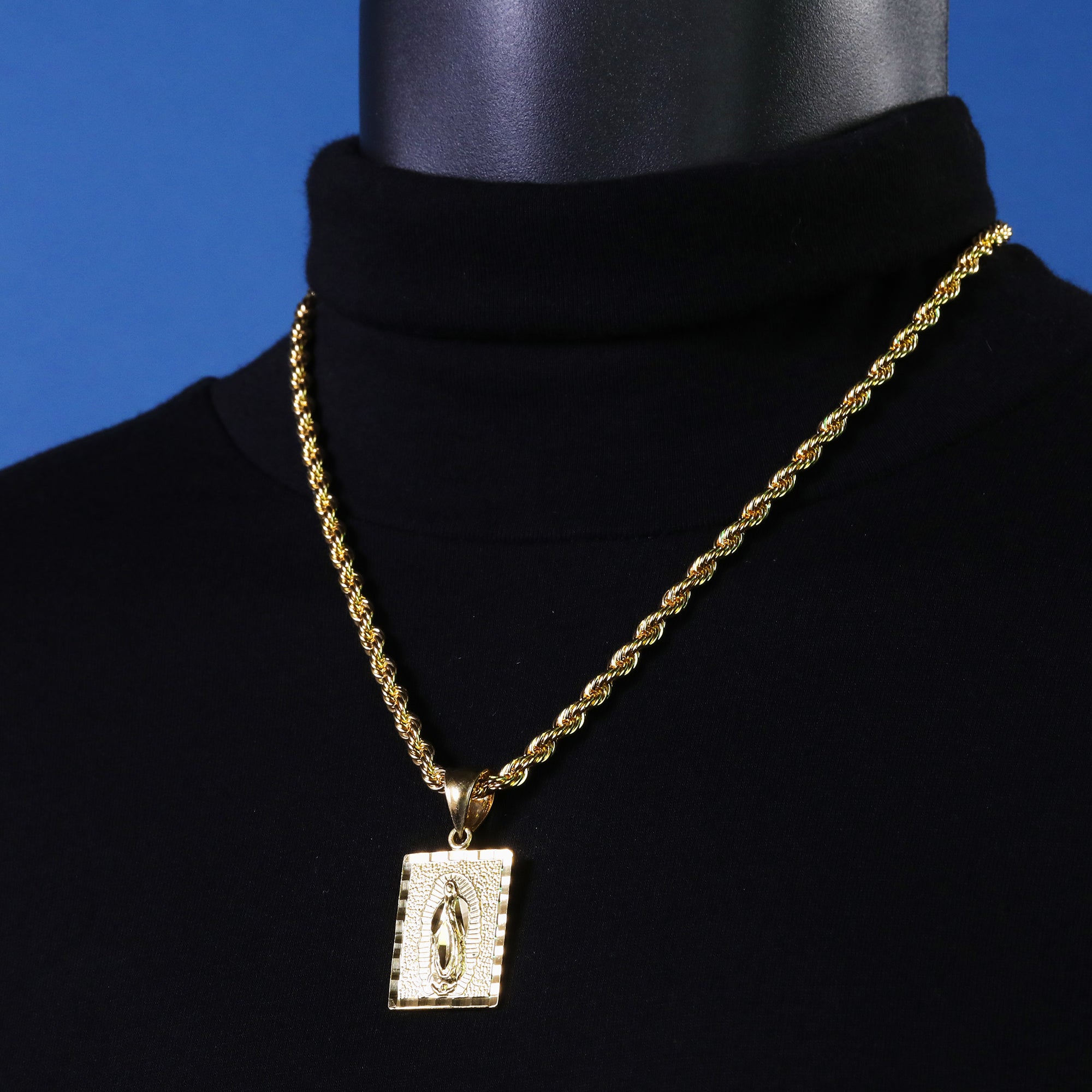 Block Virgin Mary Pendant Rope Chain 14k Gold Plated