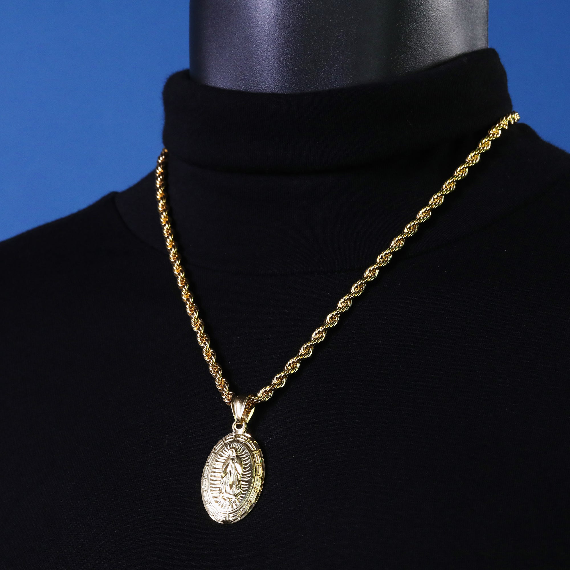 Thick Oval Mary Pendant Rope Chain 14k Gold Plated