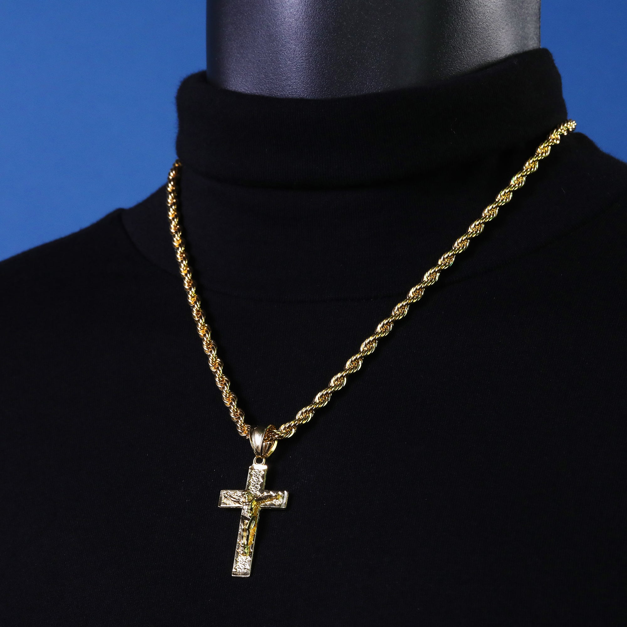 Nugget Jesus Cross Pendant Rope Chain 14k Gold Plated