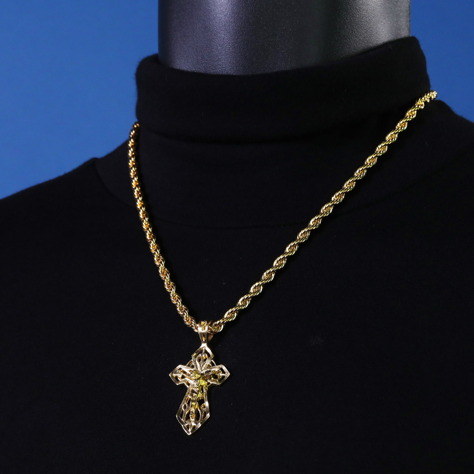 Sharp Hollow Cross Pendant Rope Chain 14k Gold Plated