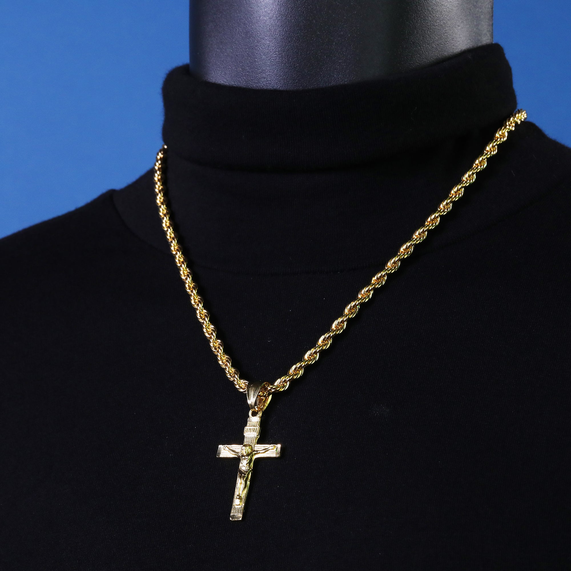 Jesus Cross Pendant S4 Rope Chain 14k Gold Plated