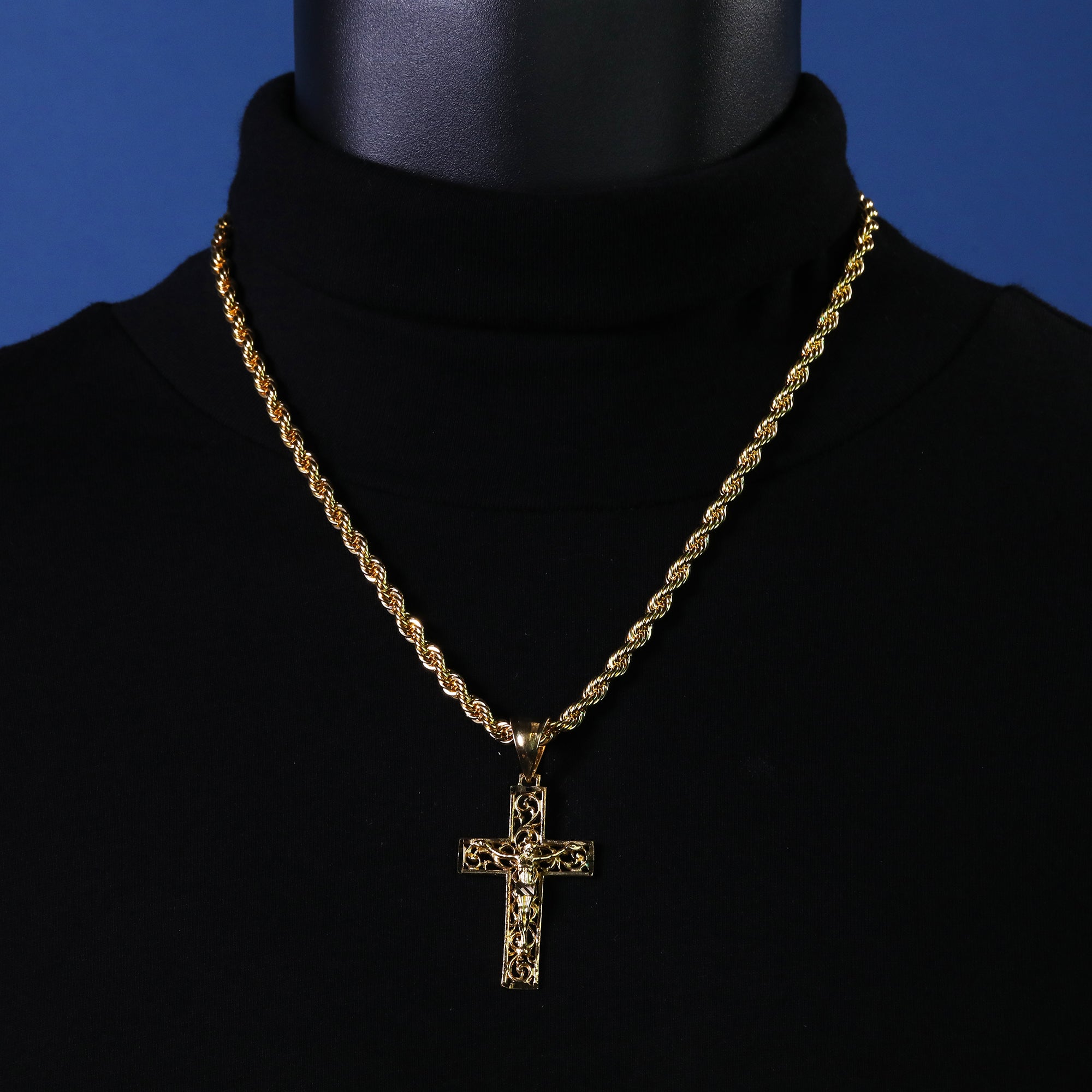 Jesus Hollow Cross Pendant Rope Chain 14k Gold Plated