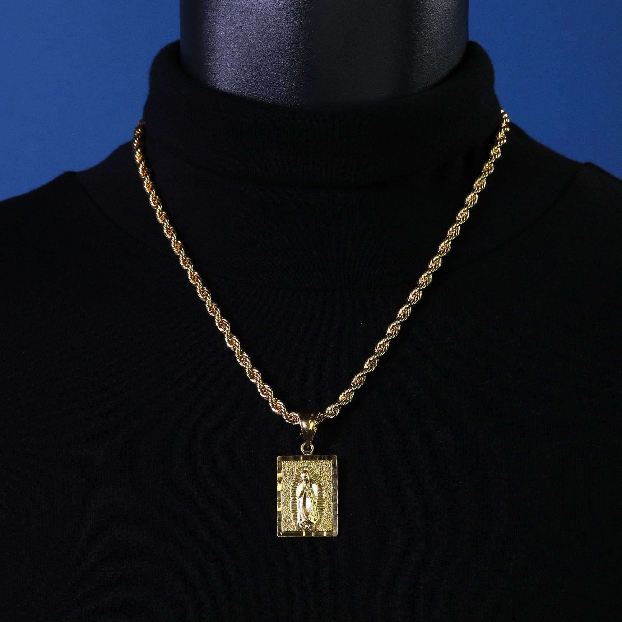 Block Virgin Mary Pendant Rope Chain 14k Gold Plated