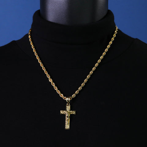 Nugget Jesus Cross Pendant Rope Chain 14k Gold Plated