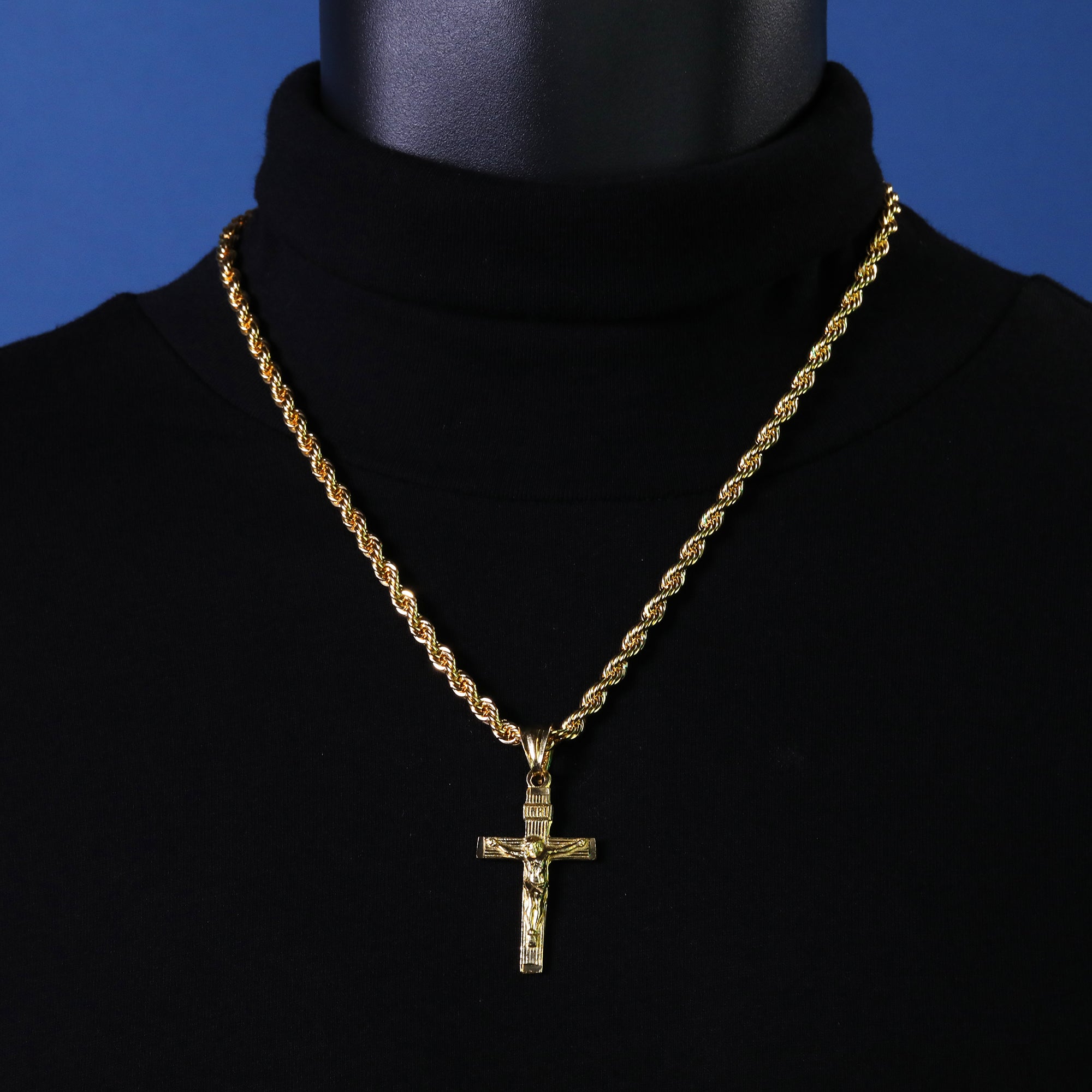 Jesus Cross Pendant S4 Rope Chain 14k Gold Plated