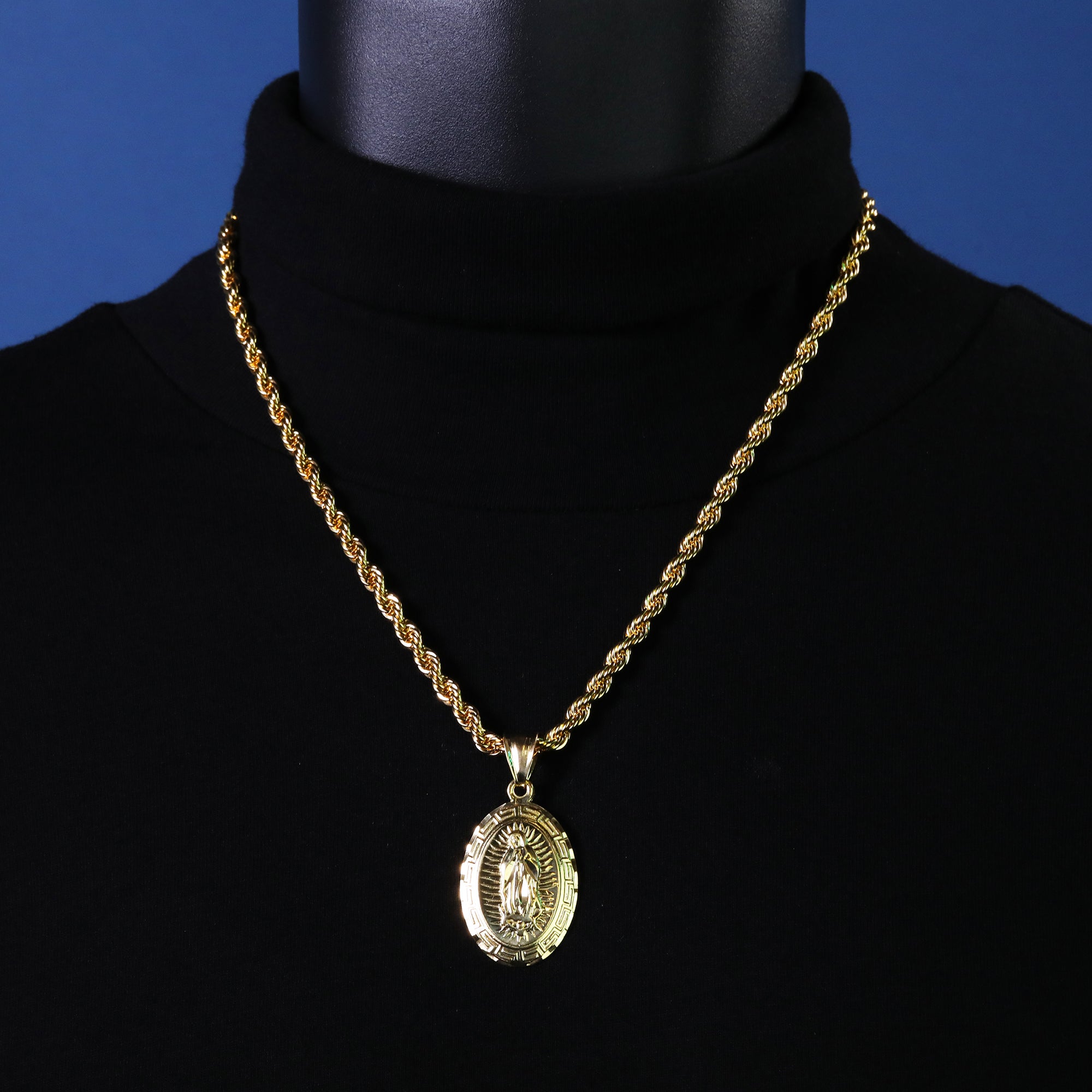 Thick Oval Mary Pendant Rope Chain 14k Gold Plated