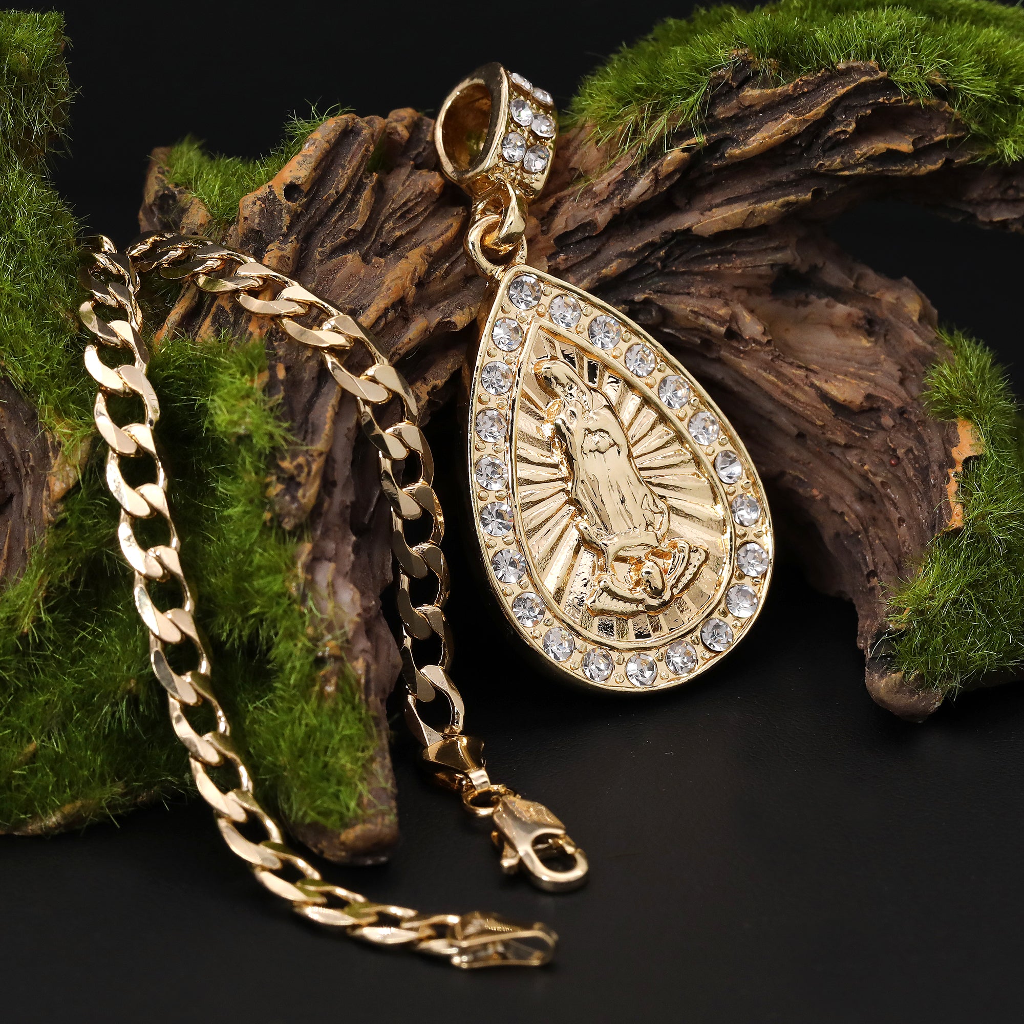 Catholic Guadalupe Drop Pendant Cubic-Zirconia Gold Plated 20" Cuban Chain Charm