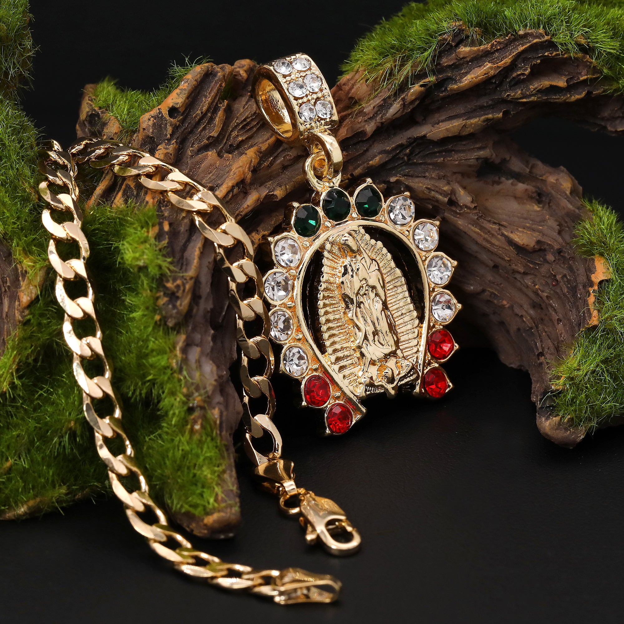Catholic Guadalupe Colorful Horse Shoe Pendant Cubic-Zirconia Gold Plated 18" Cuban Chain
