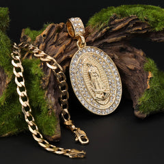 Catholic Guadalupe Oval Pendant Cubic-Zirconia Gold Plated 20" Cuban Chain Charm