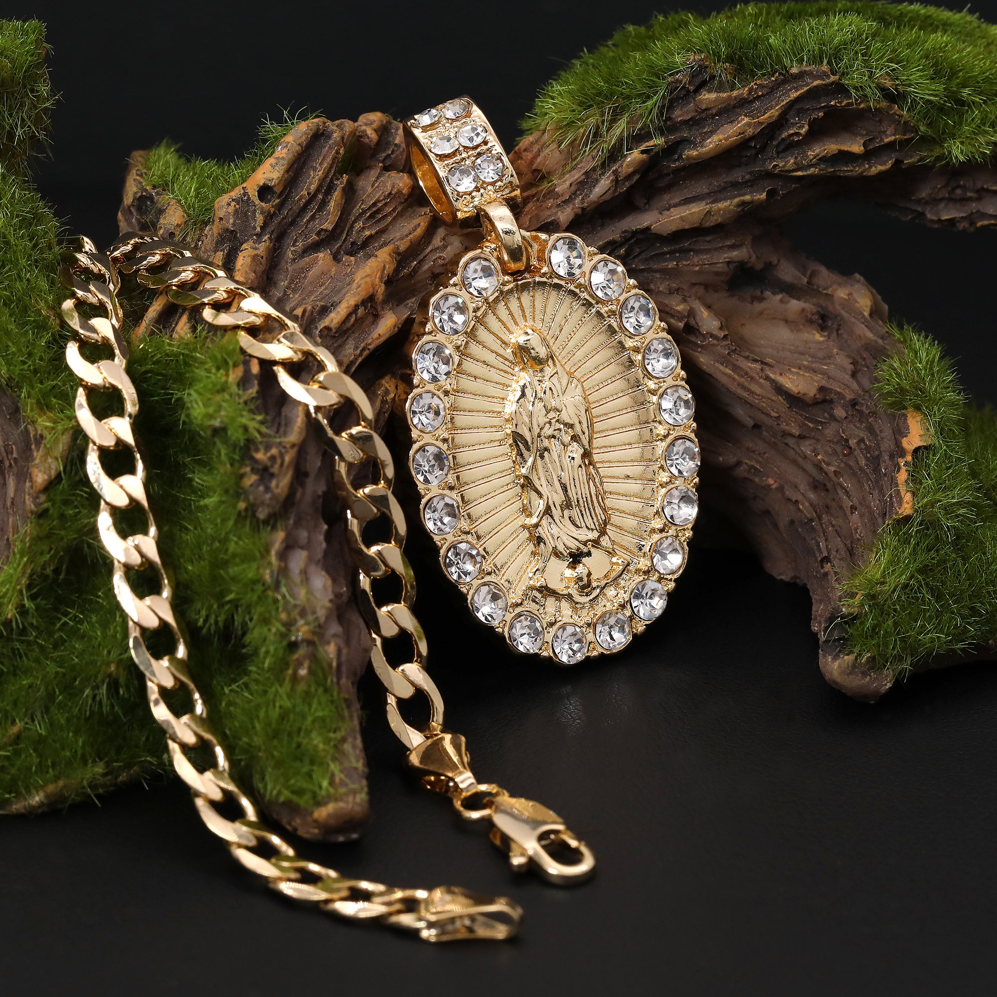 Catholic Guadalupe Wavy Pendant Cubic-Zirconia Gold Plated 18" Cuban Chain