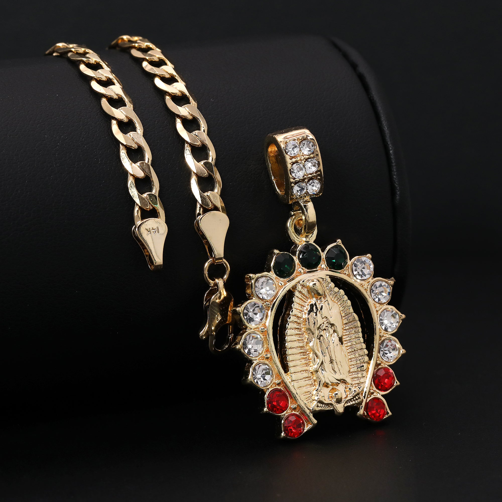 Catholic Guadalupe Colorful Horse Shoe Pendant Cubic-Zirconia Gold Plated 18" Cuban Chain