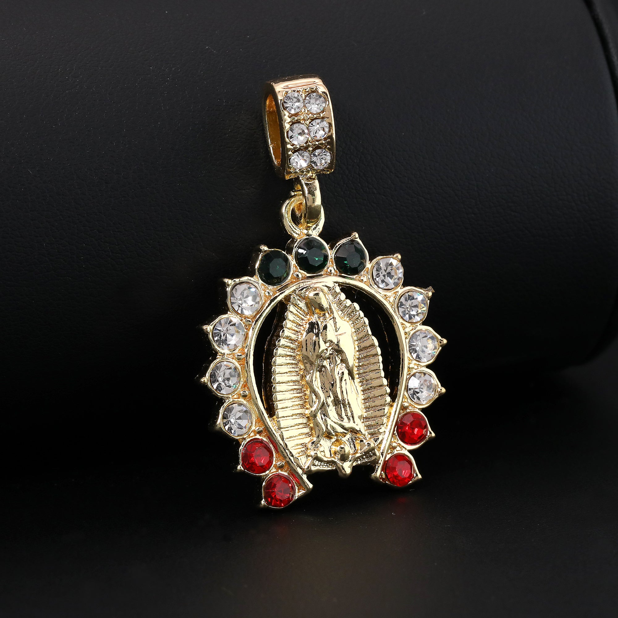 Catholic Guadalupe Colorful Horse Shoe Pendant Cubic-Zirconia Gold Plated 18" Cuban Chain