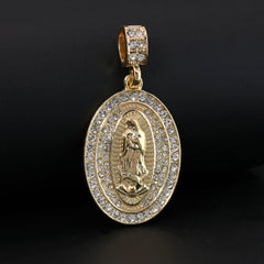 Catholic Guadalupe Oval Pendant Cubic-Zirconia Gold Plated 20" Cuban Chain Charm