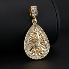 Catholic Guadalupe Drop Pendant Cubic-Zirconia Gold Plated 20" Cuban Chain Charm