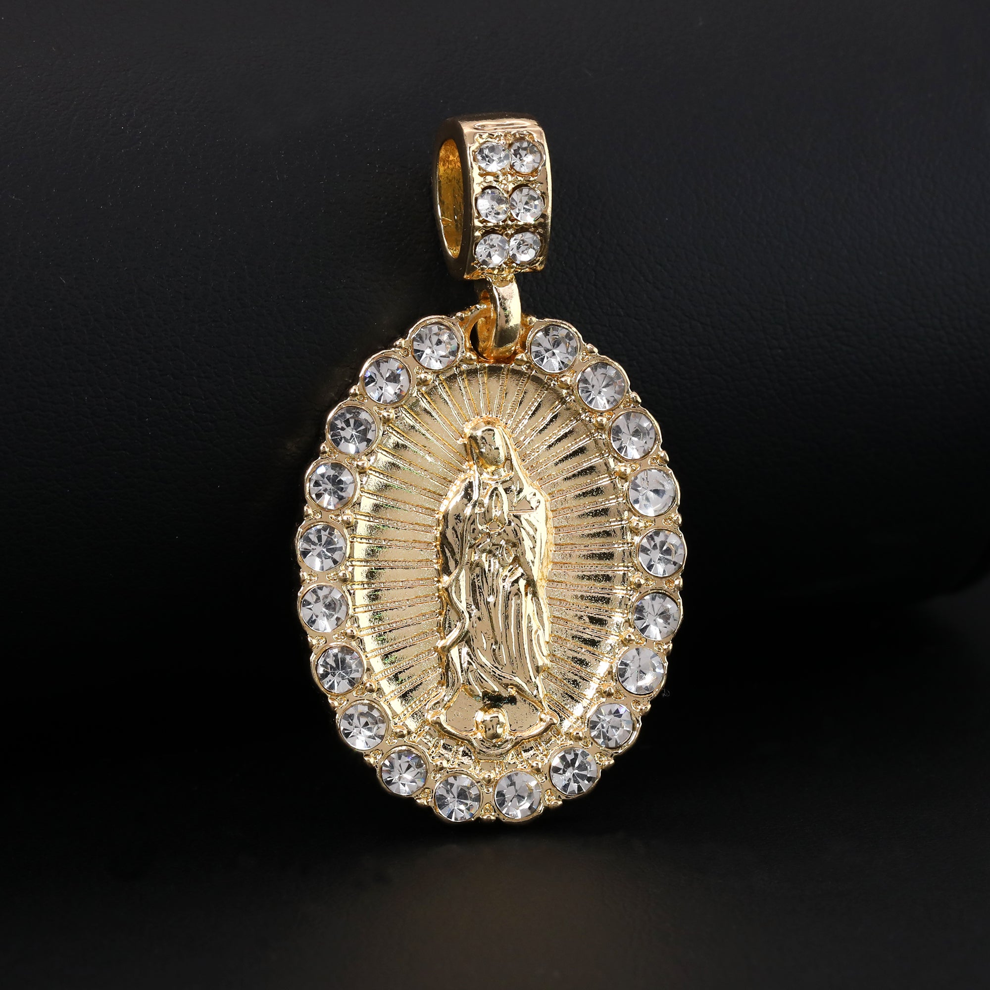 Catholic Guadalupe Wavy Pendant Cubic-Zirconia Gold Plated 18" Cuban Chain