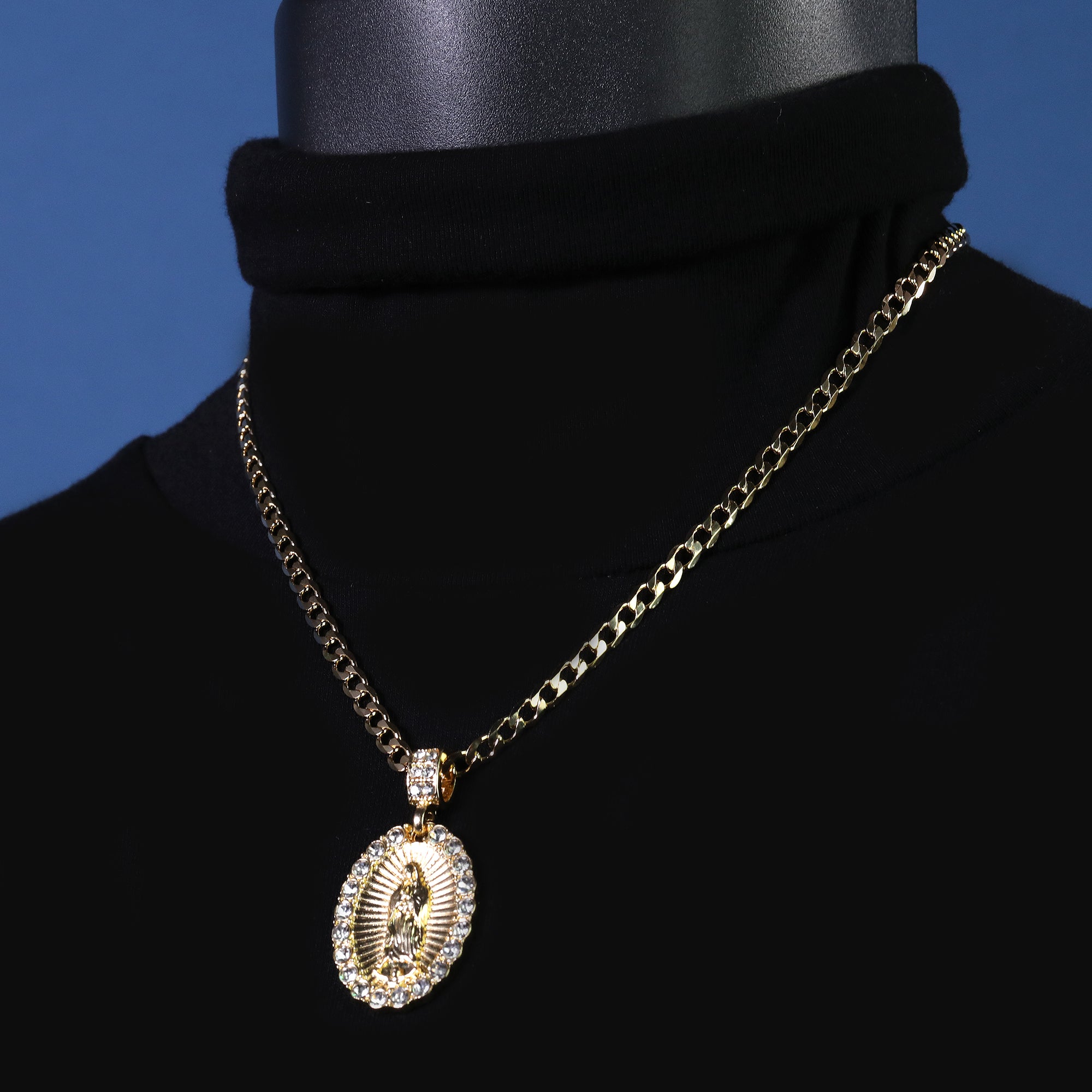 Catholic Guadalupe Wavy Pendant Cubic-Zirconia Gold Plated 18" Cuban Chain