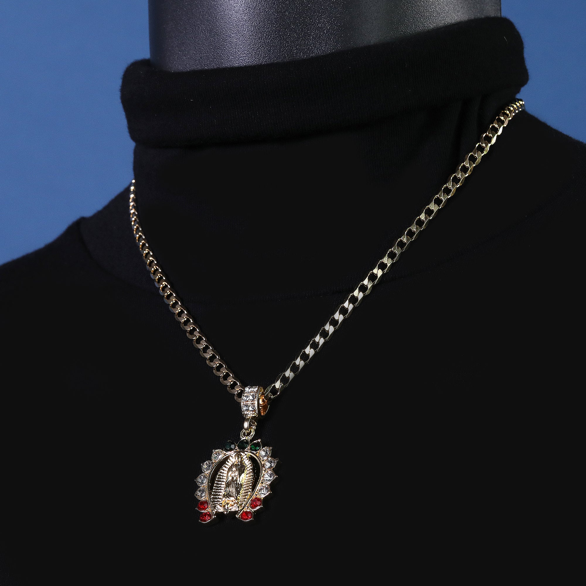 Catholic Guadalupe Colorful Horse Shoe Pendant Cubic-Zirconia Gold Plated 18" Cuban Chain
