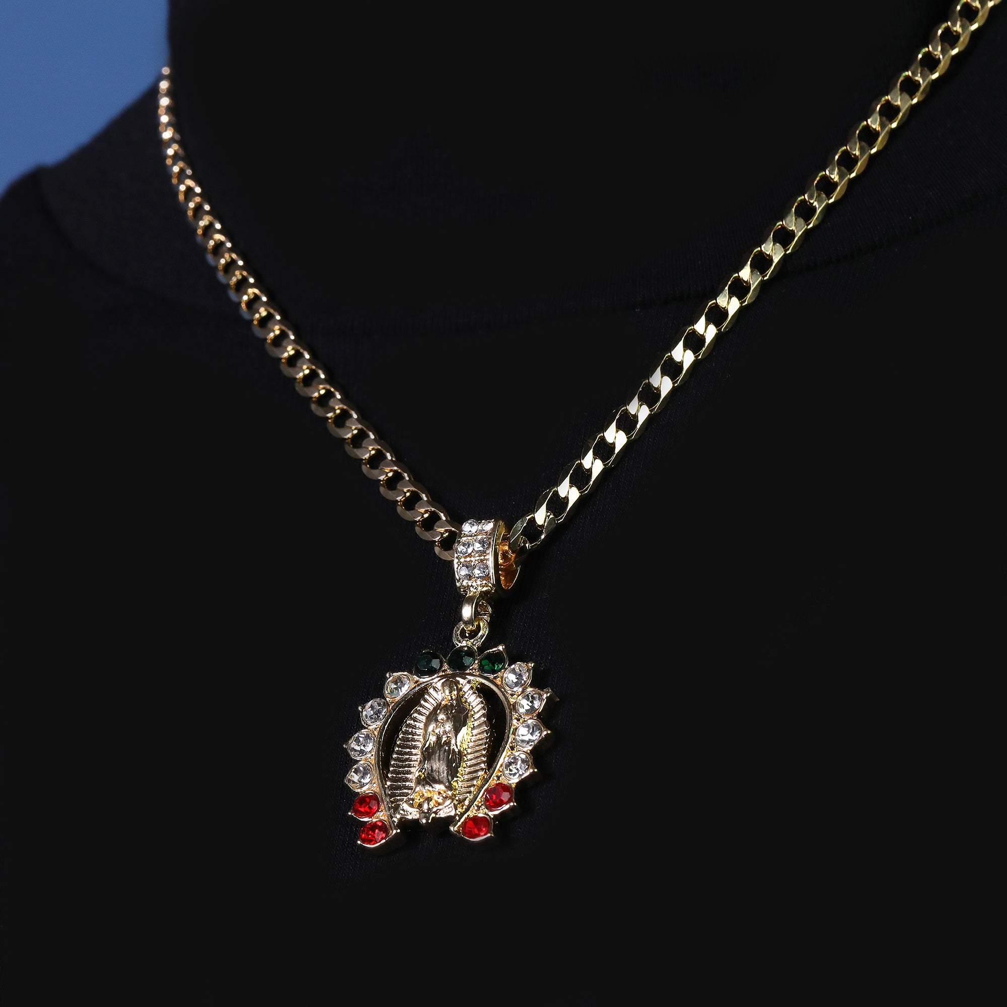 Catholic Guadalupe Colorful Horse Shoe Pendant Cubic-Zirconia Gold Plated 18" Cuban Chain