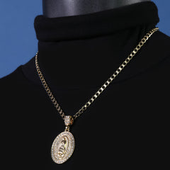 Catholic Guadalupe Oval Pendant Cubic-Zirconia Gold Plated 20" Cuban Chain Charm
