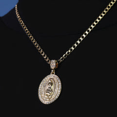 Catholic Guadalupe Oval Pendant Cubic-Zirconia Gold Plated 20" Cuban Chain Charm