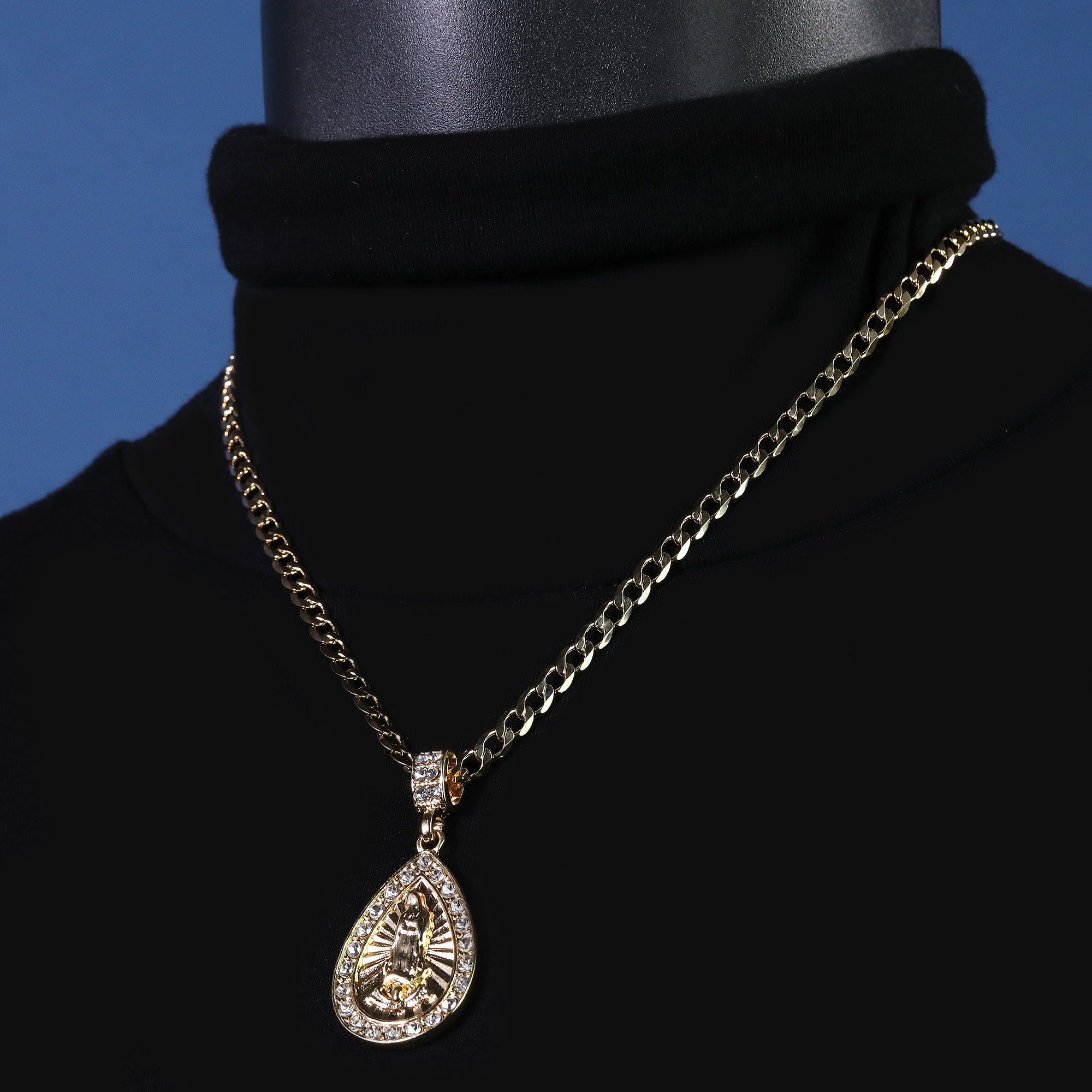 Catholic Guadalupe Drop Pendant Cubic-Zirconia Gold Plated 20" Cuban Chain Charm