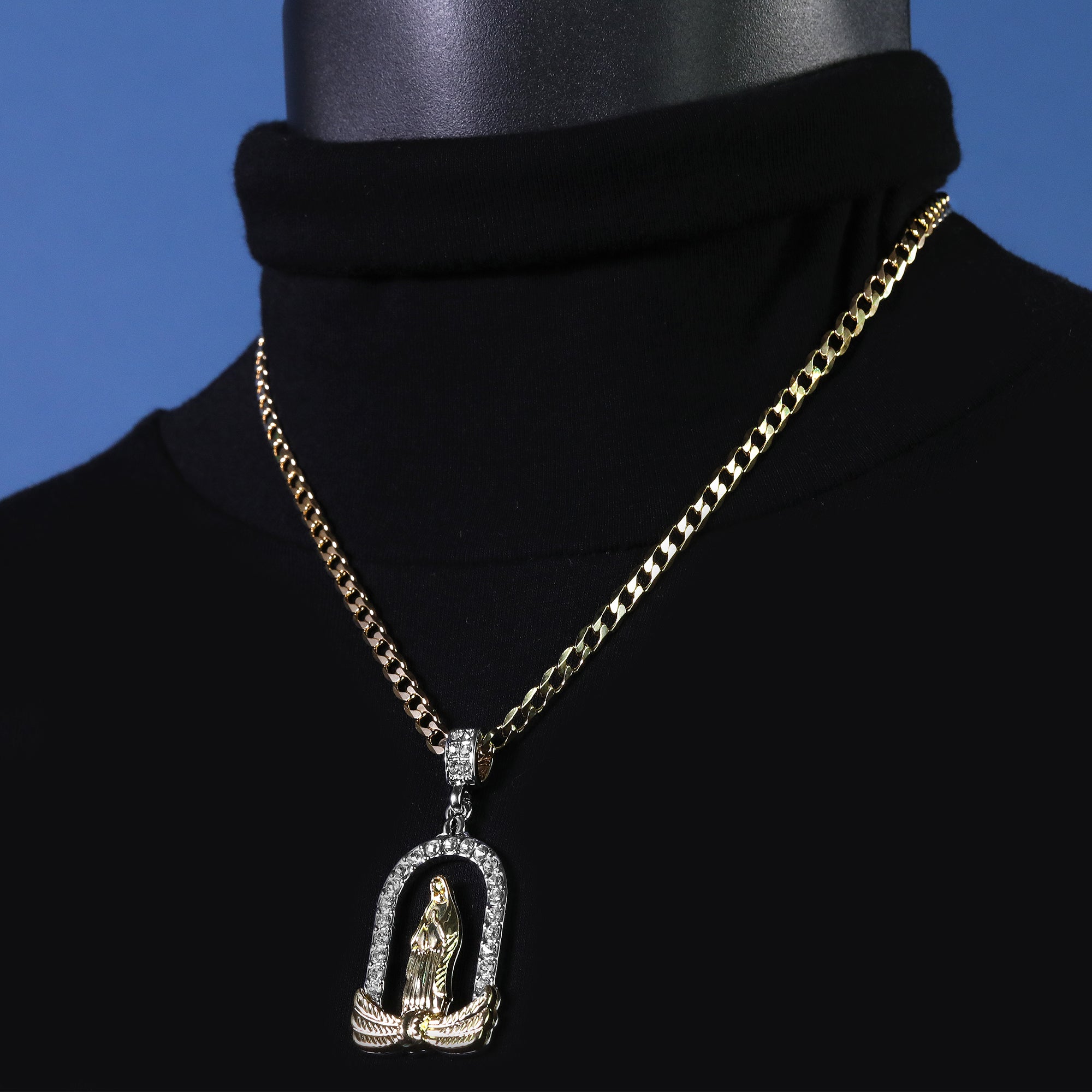 Catholic Chapel Guadalupe Pendant Cubic-Zirconia Gold Plated 20" Cuban Chain