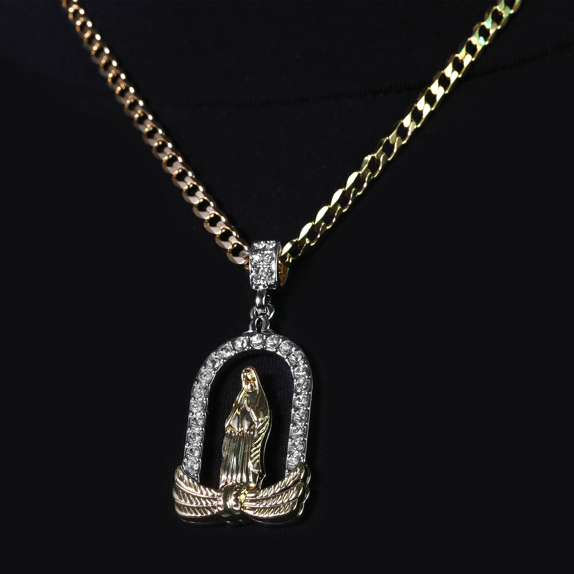 Catholic Chapel Guadalupe Pendant Cubic-Zirconia Gold Plated 20" Cuban Chain