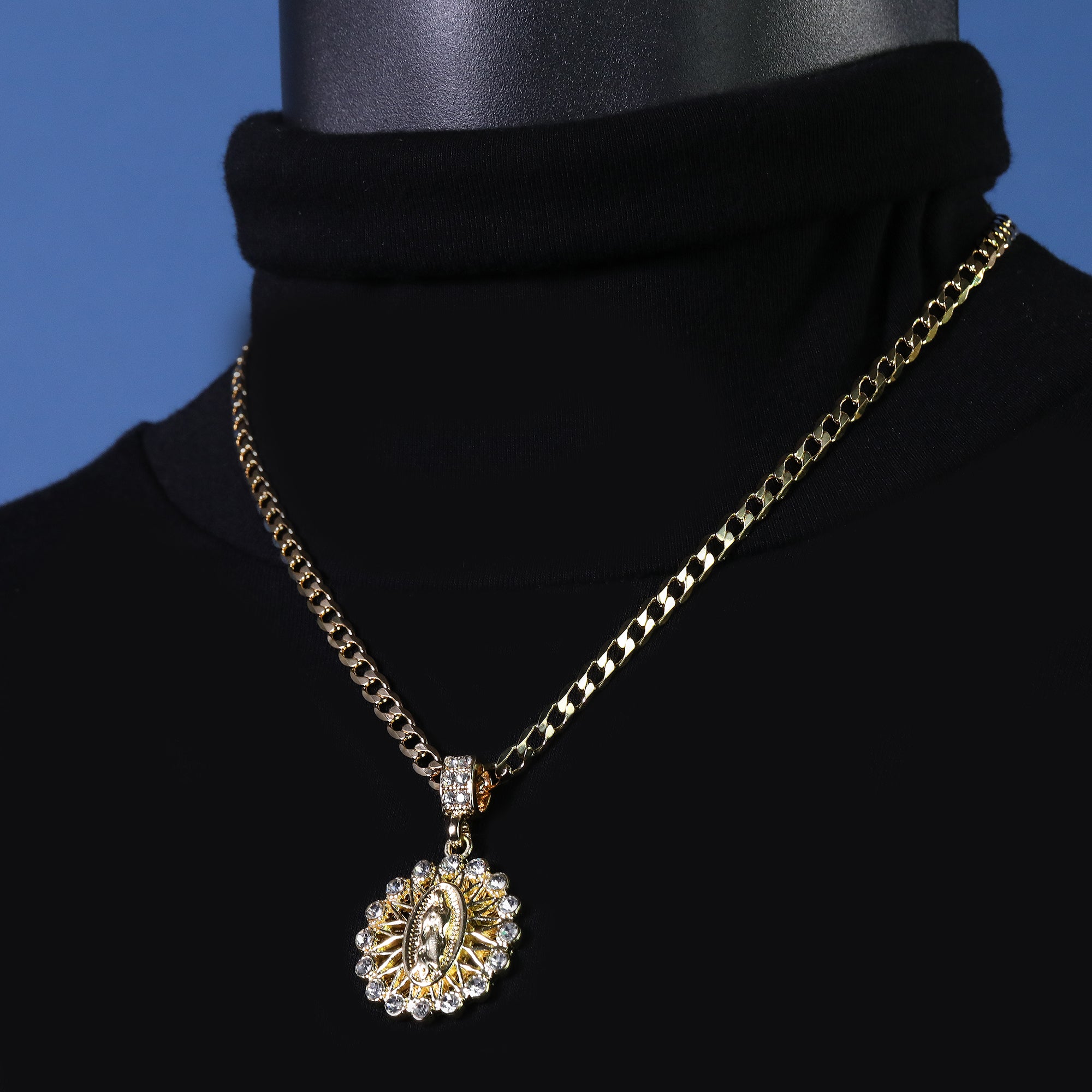 Catholic Round Guadalupe Pendant Cubic-Zirconia Gold Plated 20" Cuban Chain