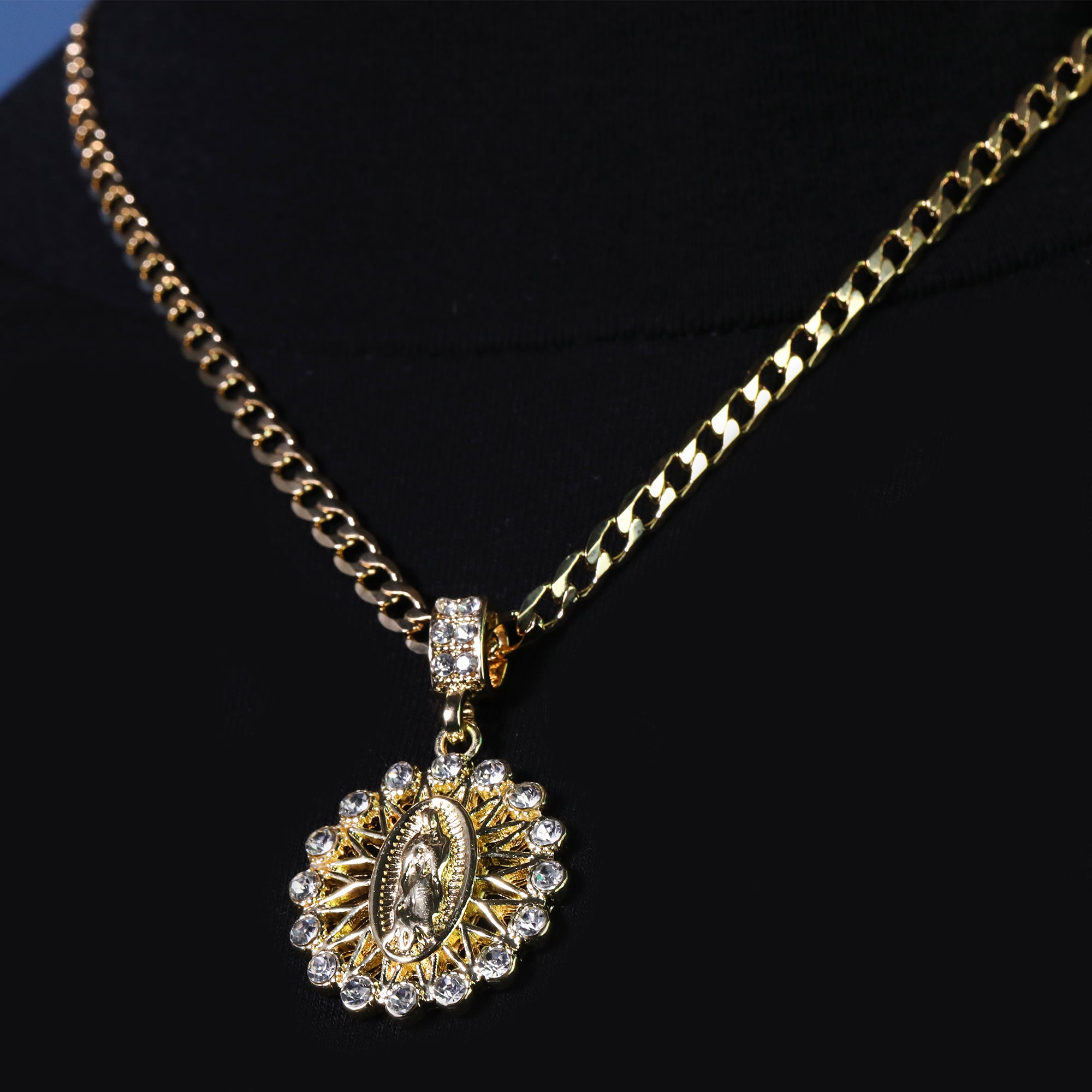 Catholic Round Guadalupe Pendant Cubic-Zirconia Gold Plated 20" Cuban Chain