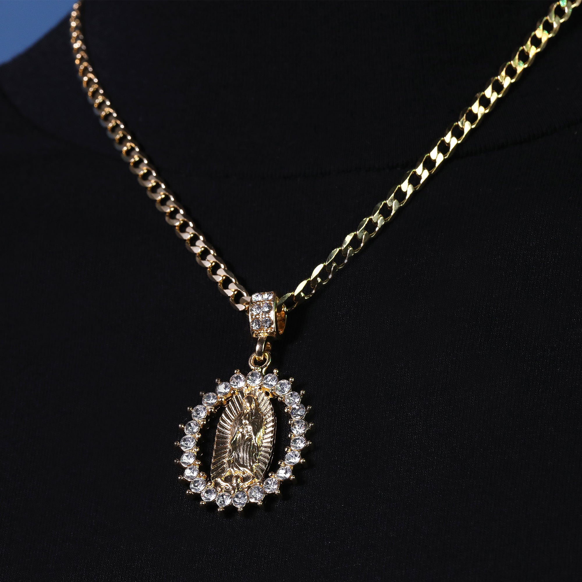 Catholic Spike Round Guadalupe Pendant Cubic-Zirconia Gold Plated 20 Cuban Chain