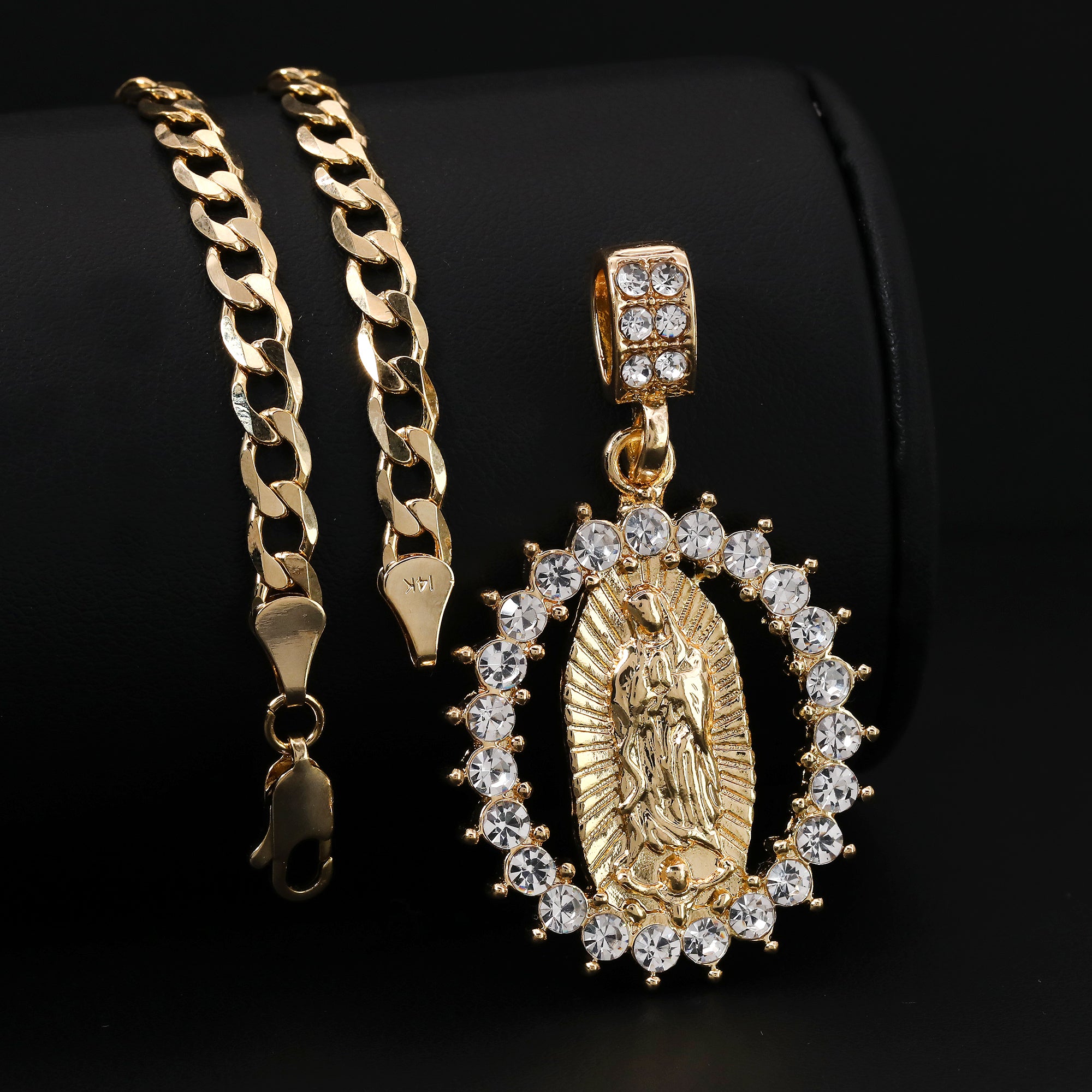 Catholic Spike Round Guadalupe Pendant Cubic-Zirconia Gold Plated 20 Cuban Chain