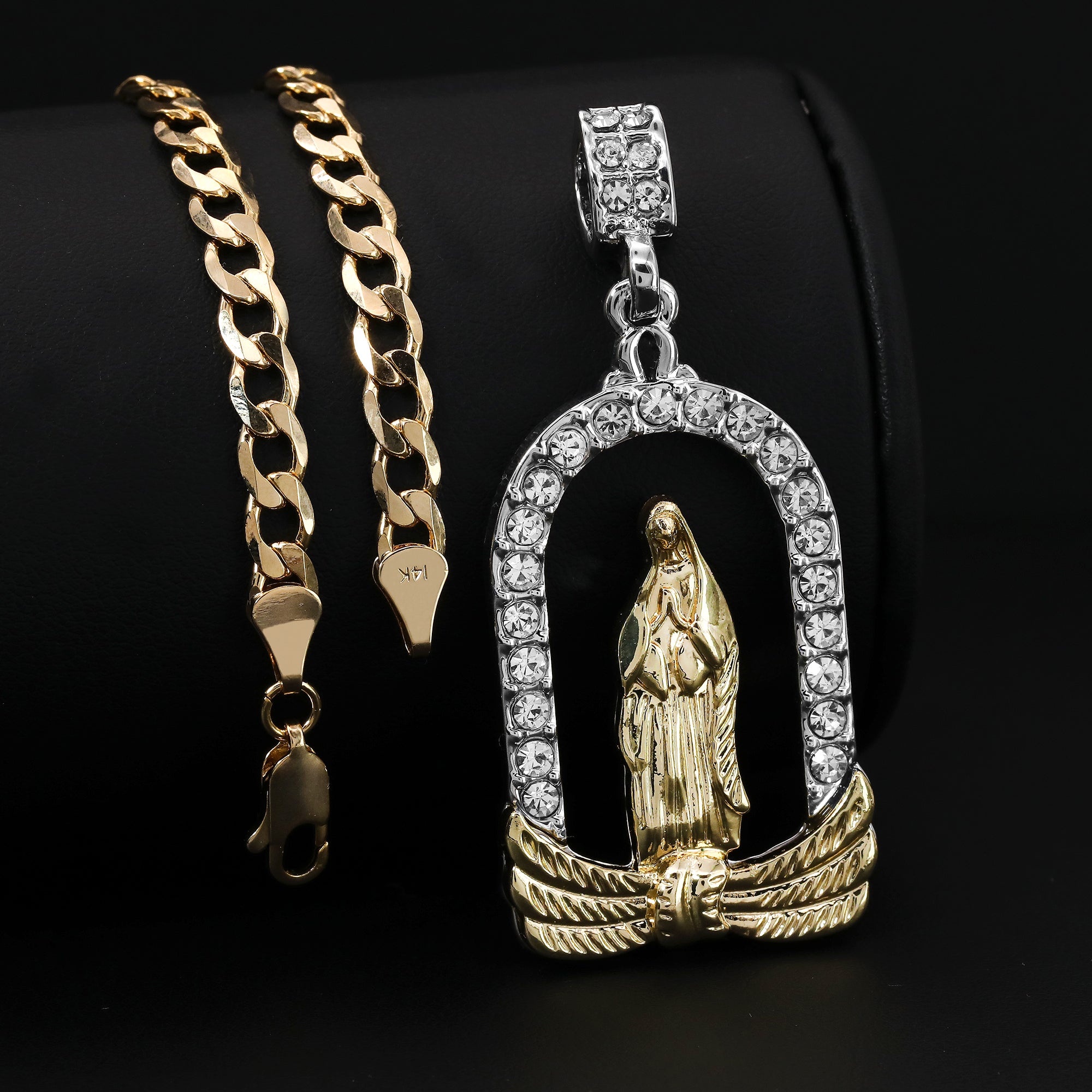 Catholic Chapel Guadalupe Pendant Cubic-Zirconia Gold Plated 20" Cuban Chain