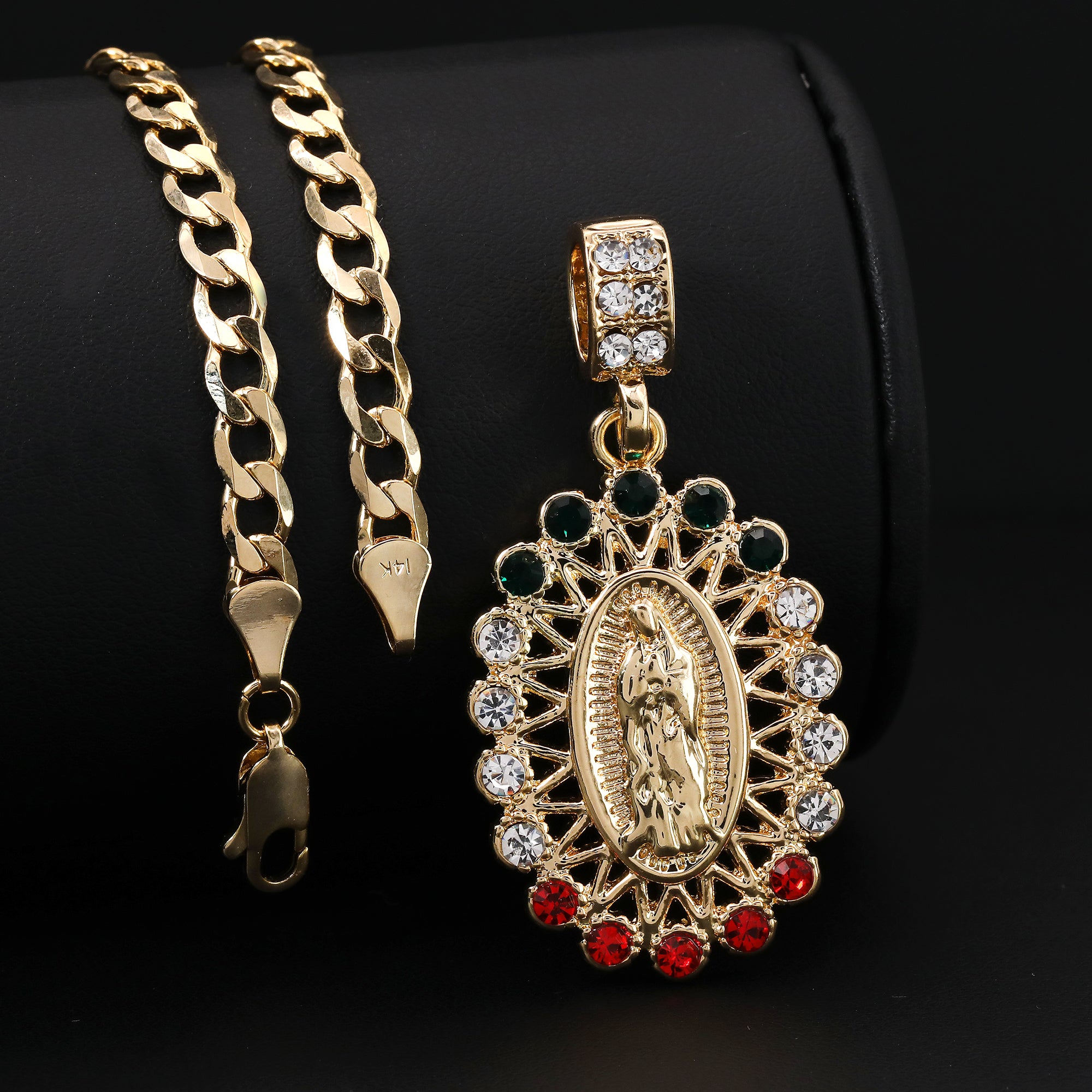 Catholic Colorful Guadalupe Pendant Cubic-Zirconia Gold Plated 20" Cuban Chain