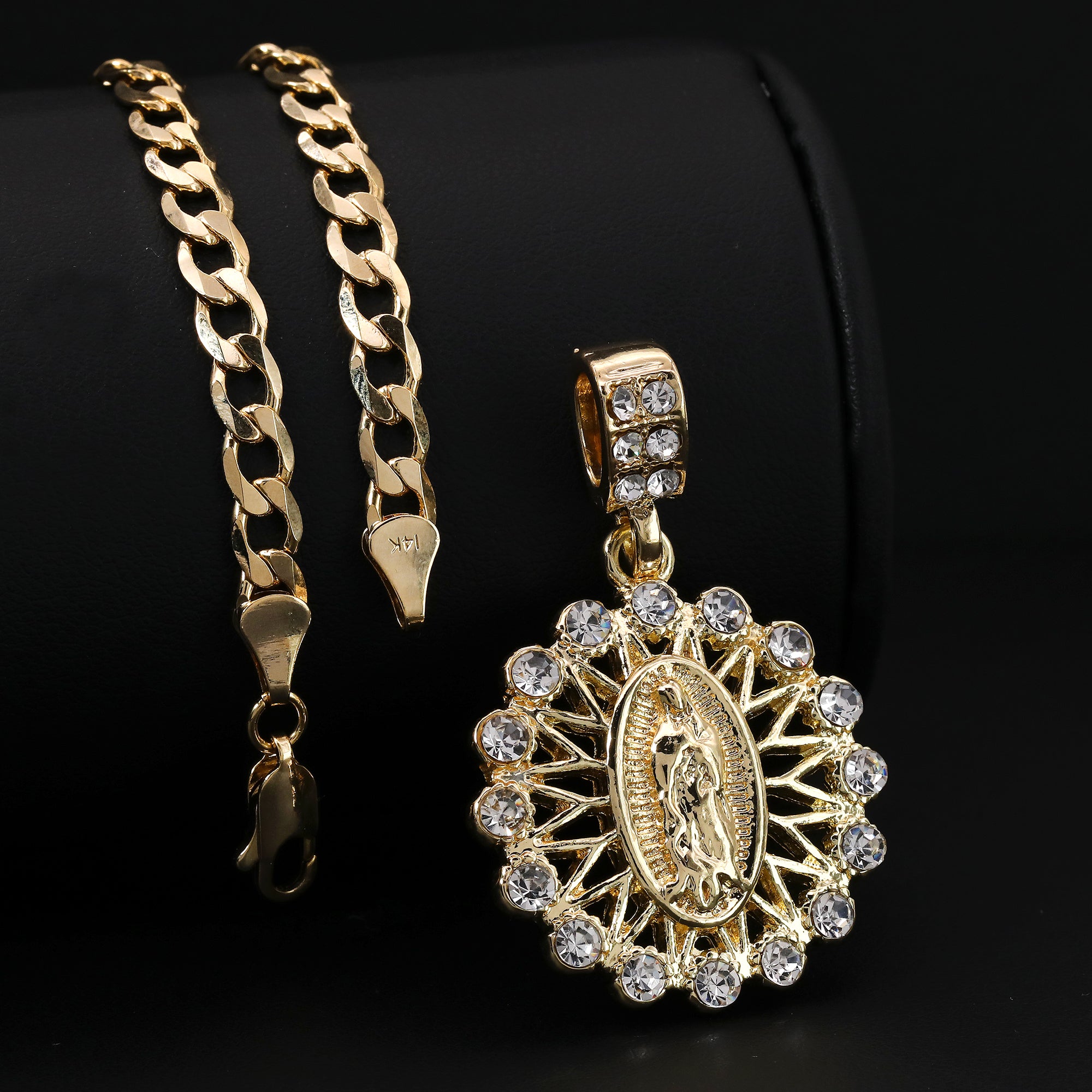 Catholic Round Guadalupe Pendant Cubic-Zirconia Gold Plated 20" Cuban Chain