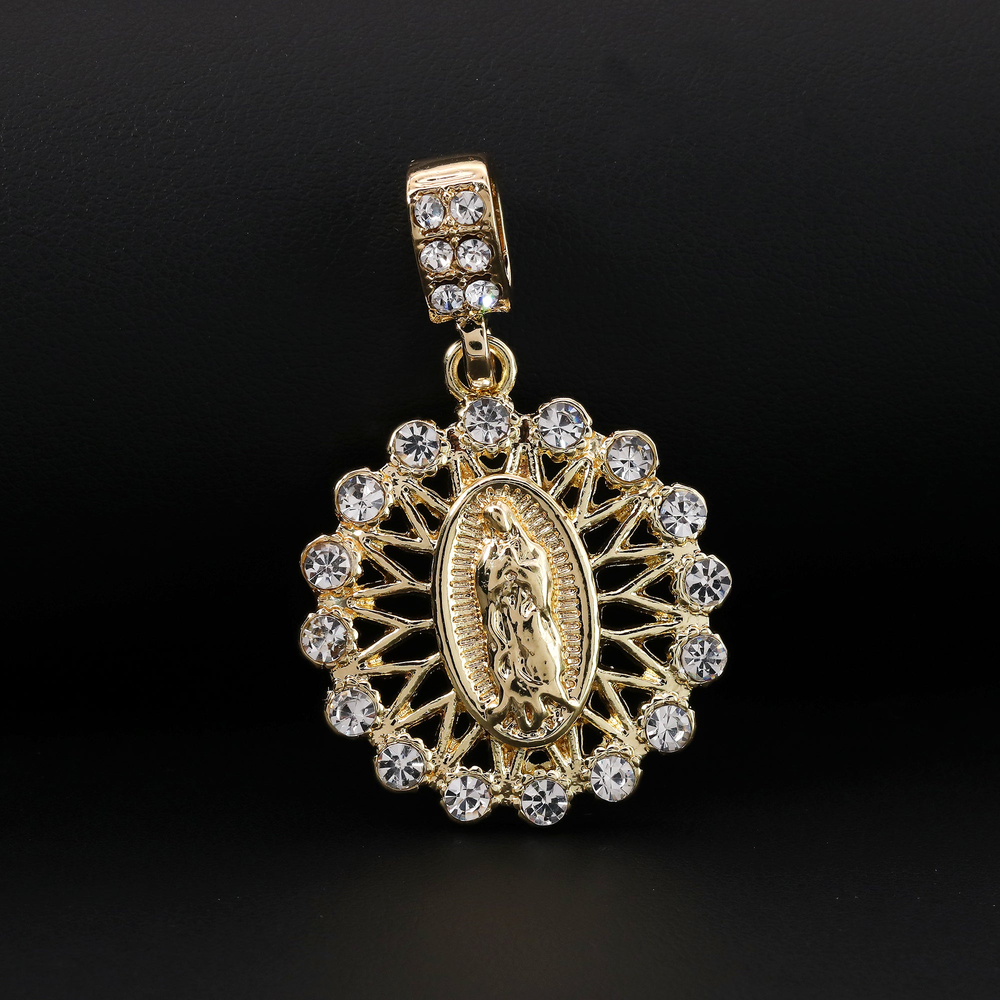 Catholic Round Guadalupe Pendant Cubic-Zirconia Gold Plated 20" Cuban Chain