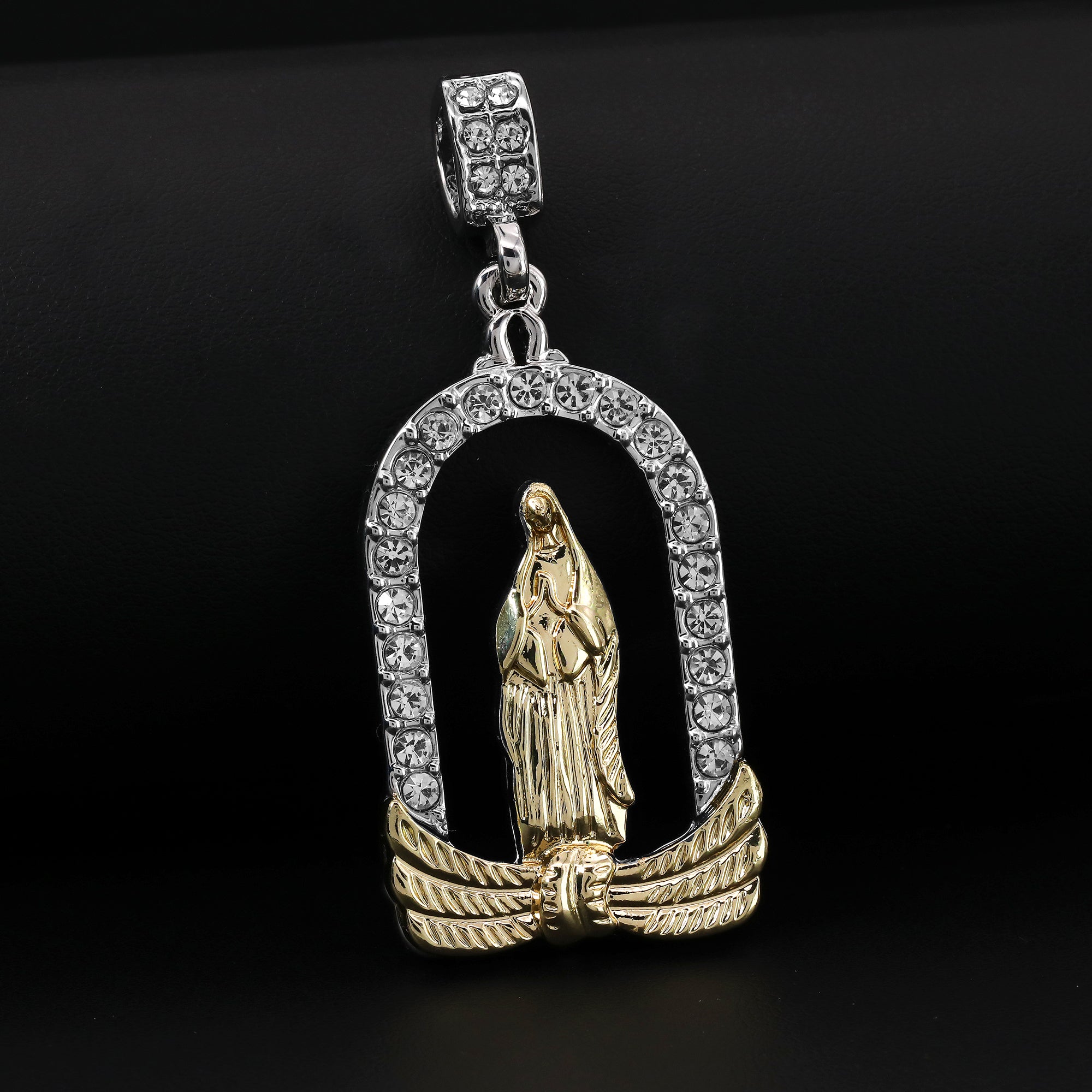 Catholic Chapel Guadalupe Pendant Cubic-Zirconia Gold Plated 20" Cuban Chain