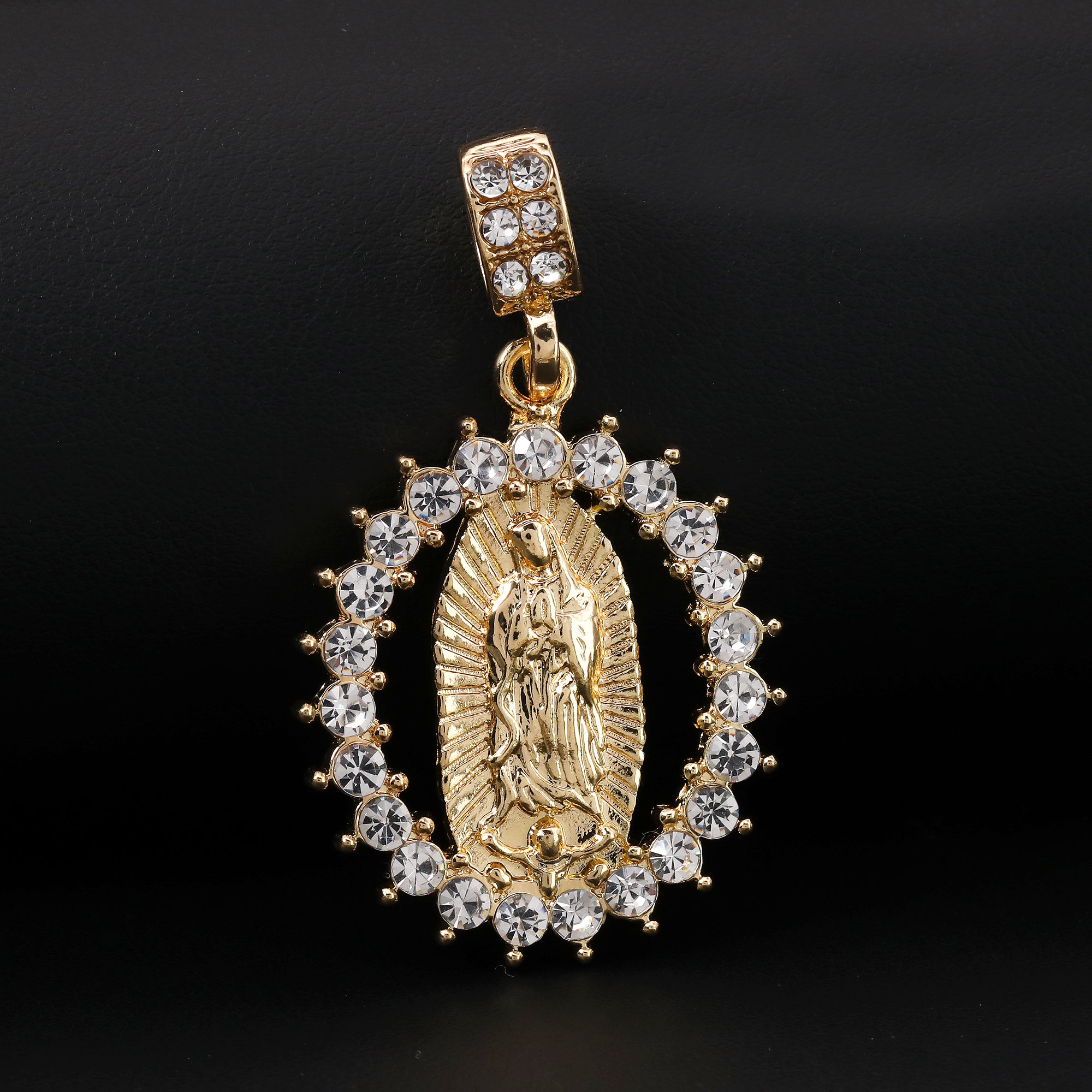 Catholic Spike Round Guadalupe Pendant Cubic-Zirconia Gold Plated 20 Cuban Chain
