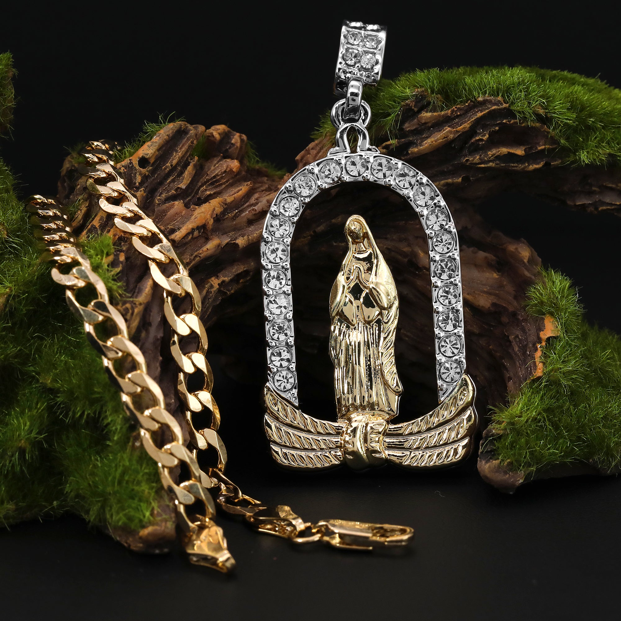 Catholic Chapel Guadalupe Pendant Cubic-Zirconia Gold Plated 20" Cuban Chain