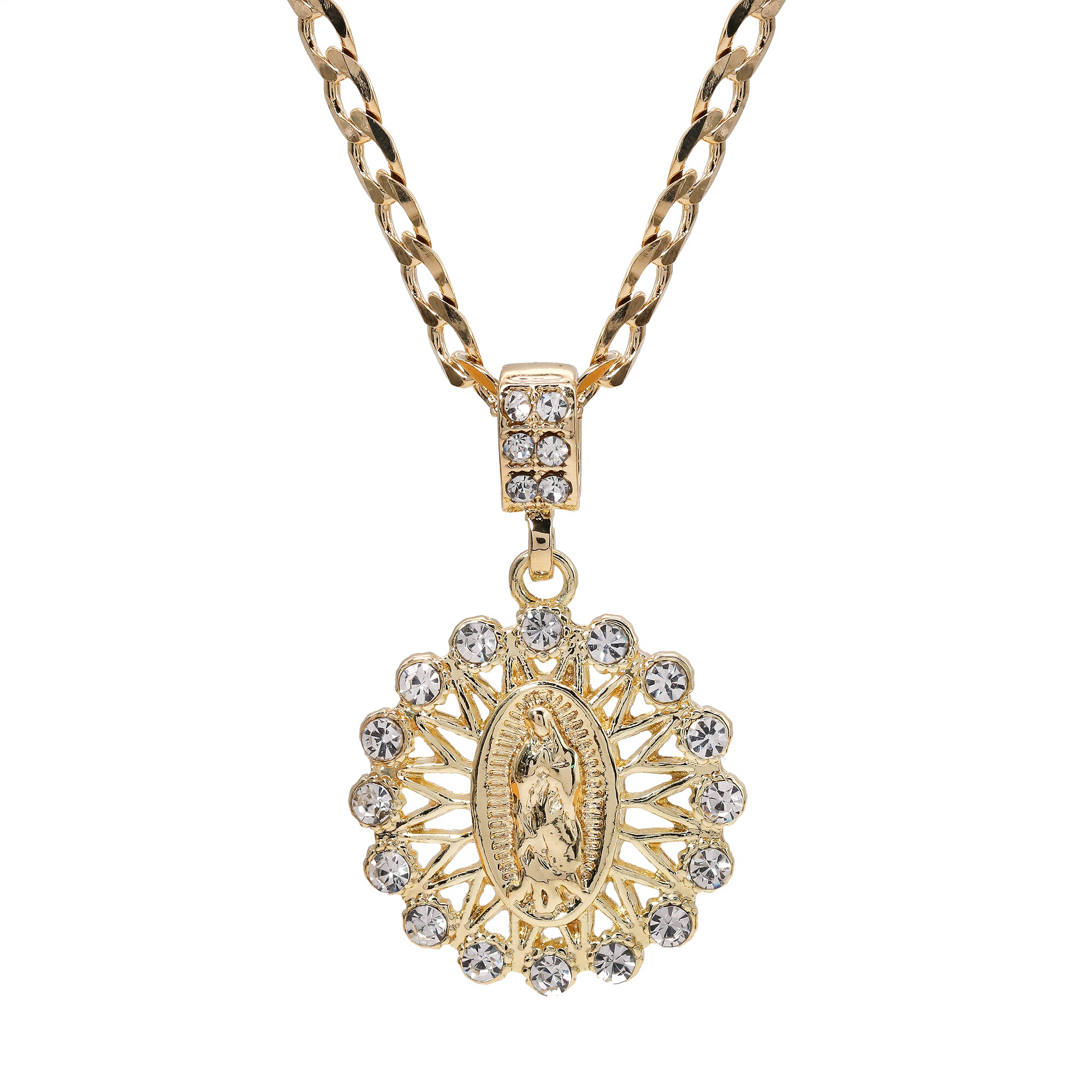 Catholic Round Guadalupe Pendant Cubic-Zirconia Gold Plated 20" Cuban Chain