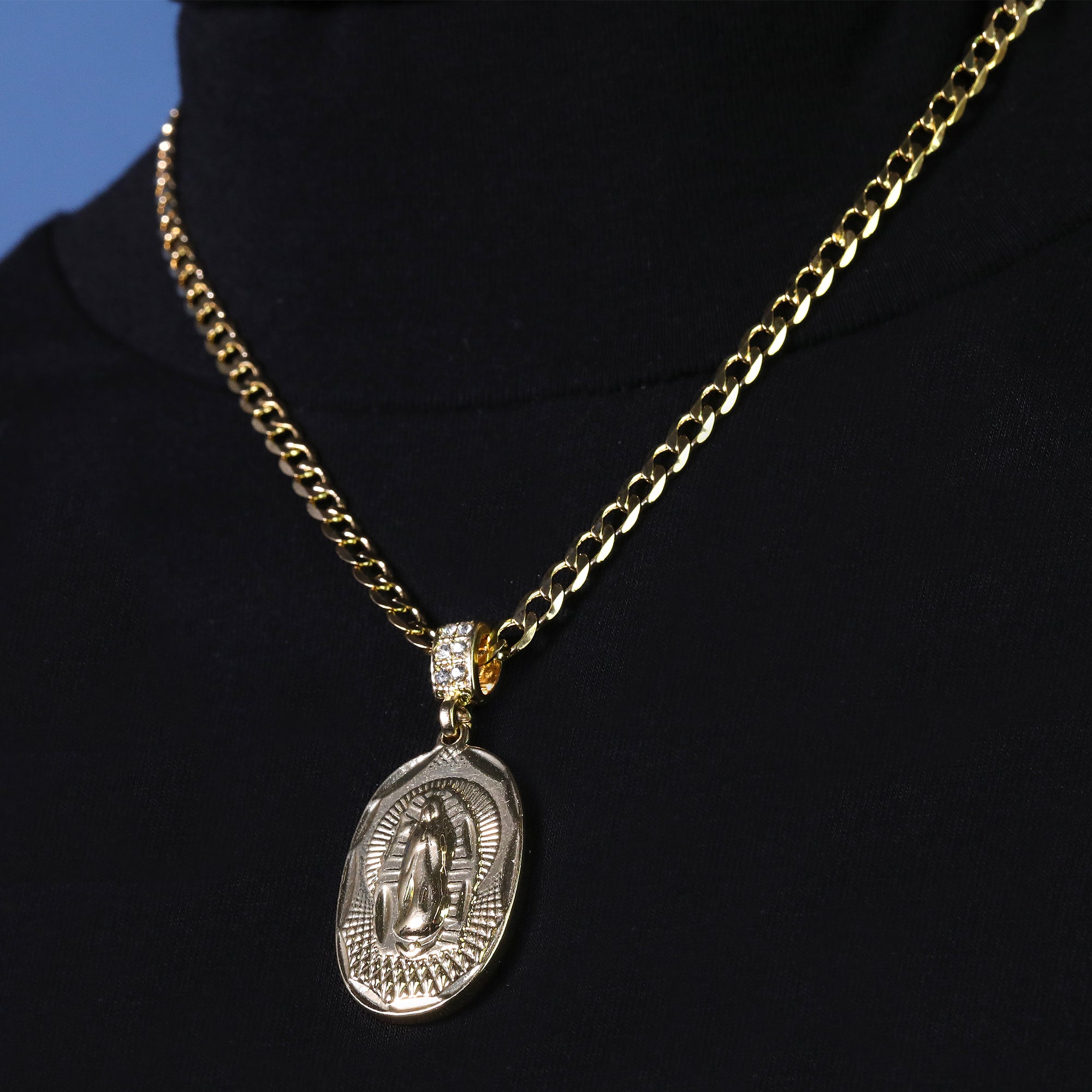 Catholic Oval Guadalupe Pendant Cubic-Zirconia Gold Plated 20" Cuban Chain