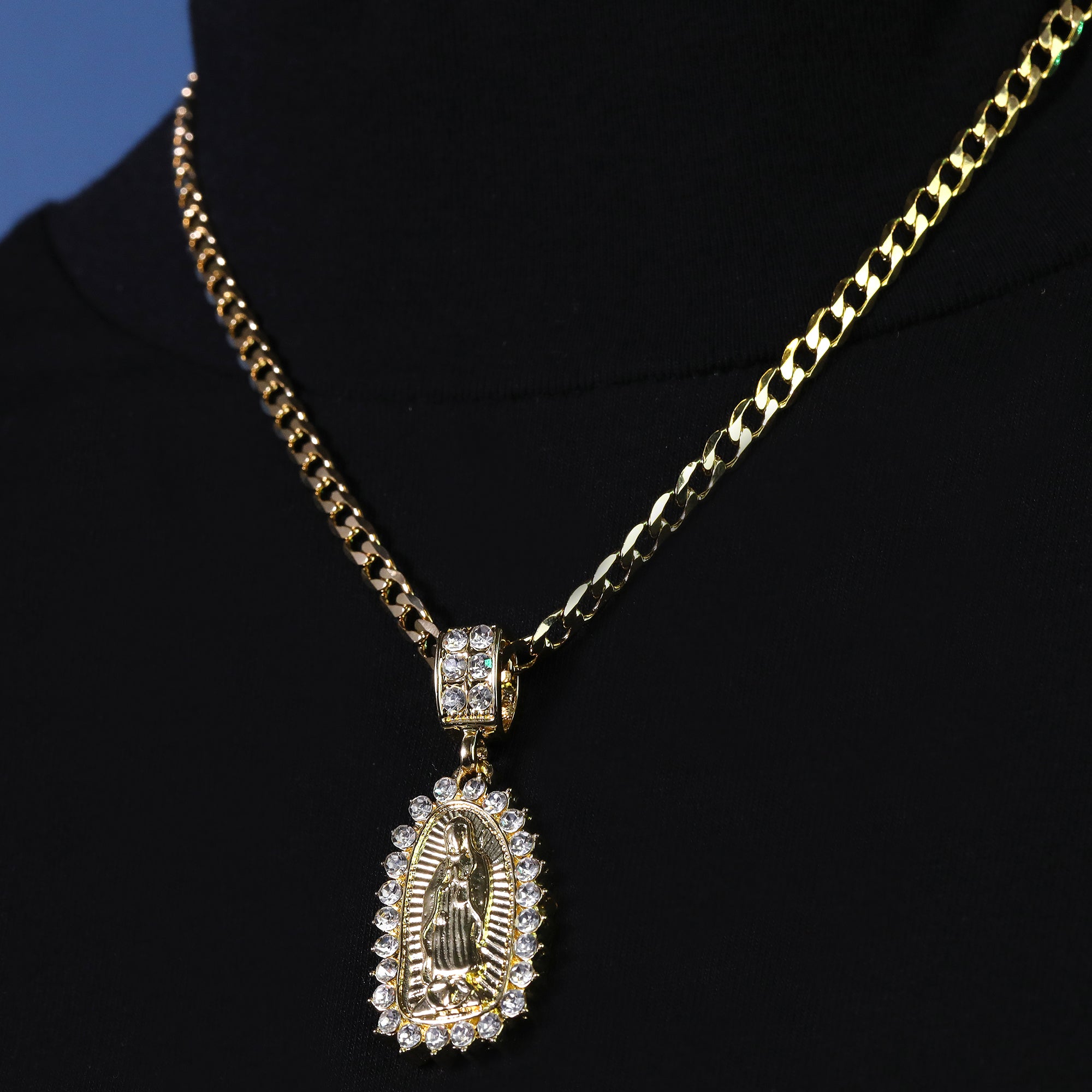 Catholic Spike Oval Guadalupe Pendant Cubic-Zirconia Gold Plated 20" Cuban Chain