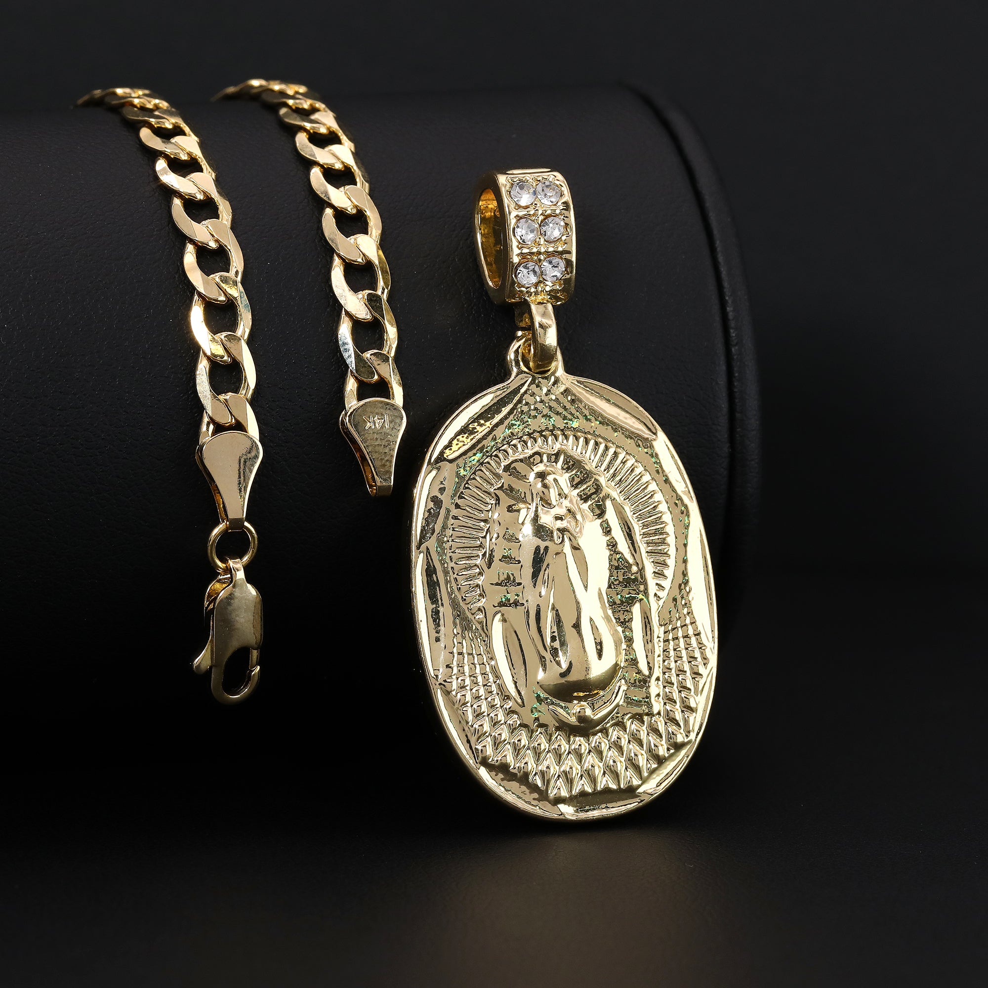 Catholic Oval Guadalupe Pendant Cubic-Zirconia Gold Plated 20" Cuban Chain
