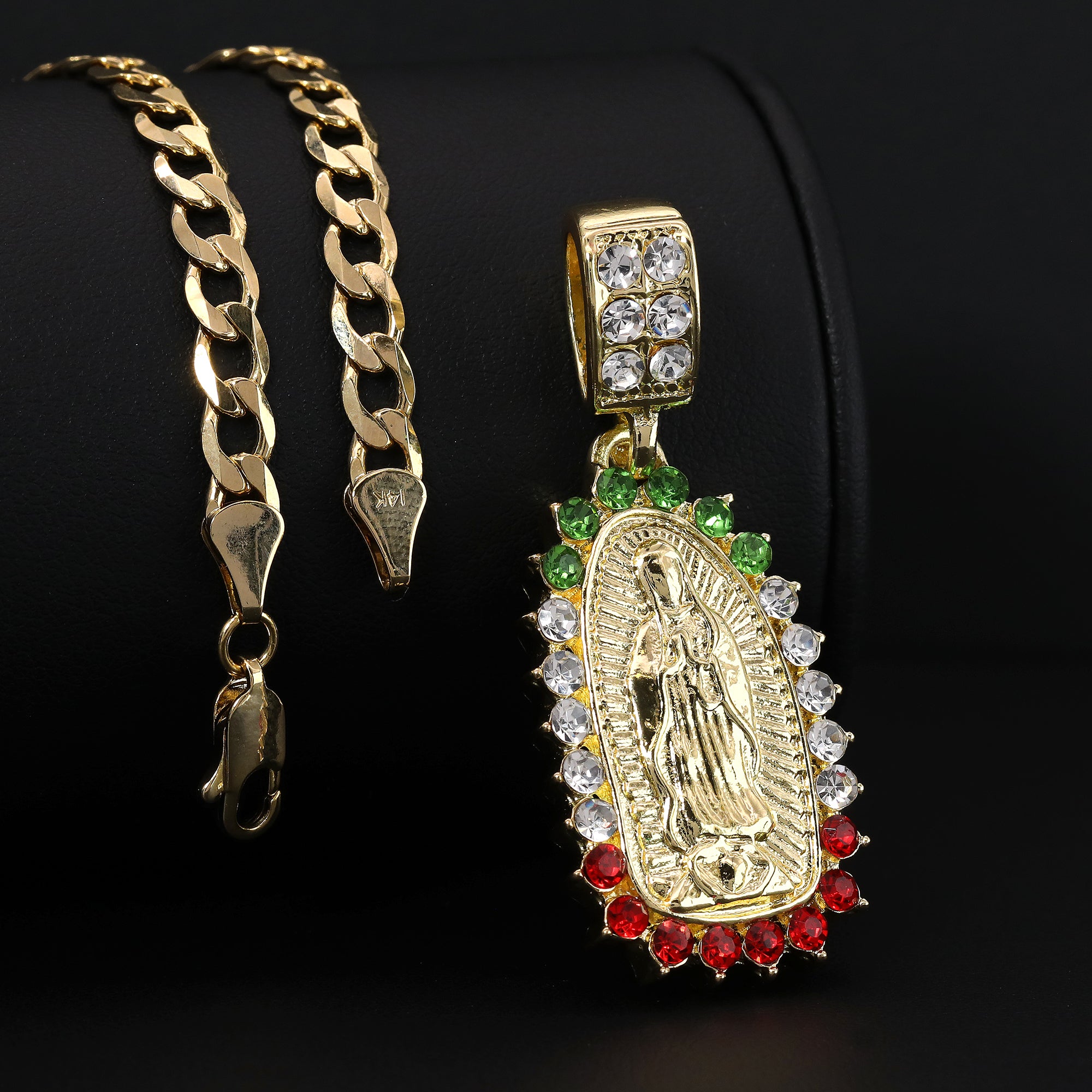 Catholic Color Oval Guadalupe Pendant Cubic-Zirconia Gold Plated 20" Cuban Chain