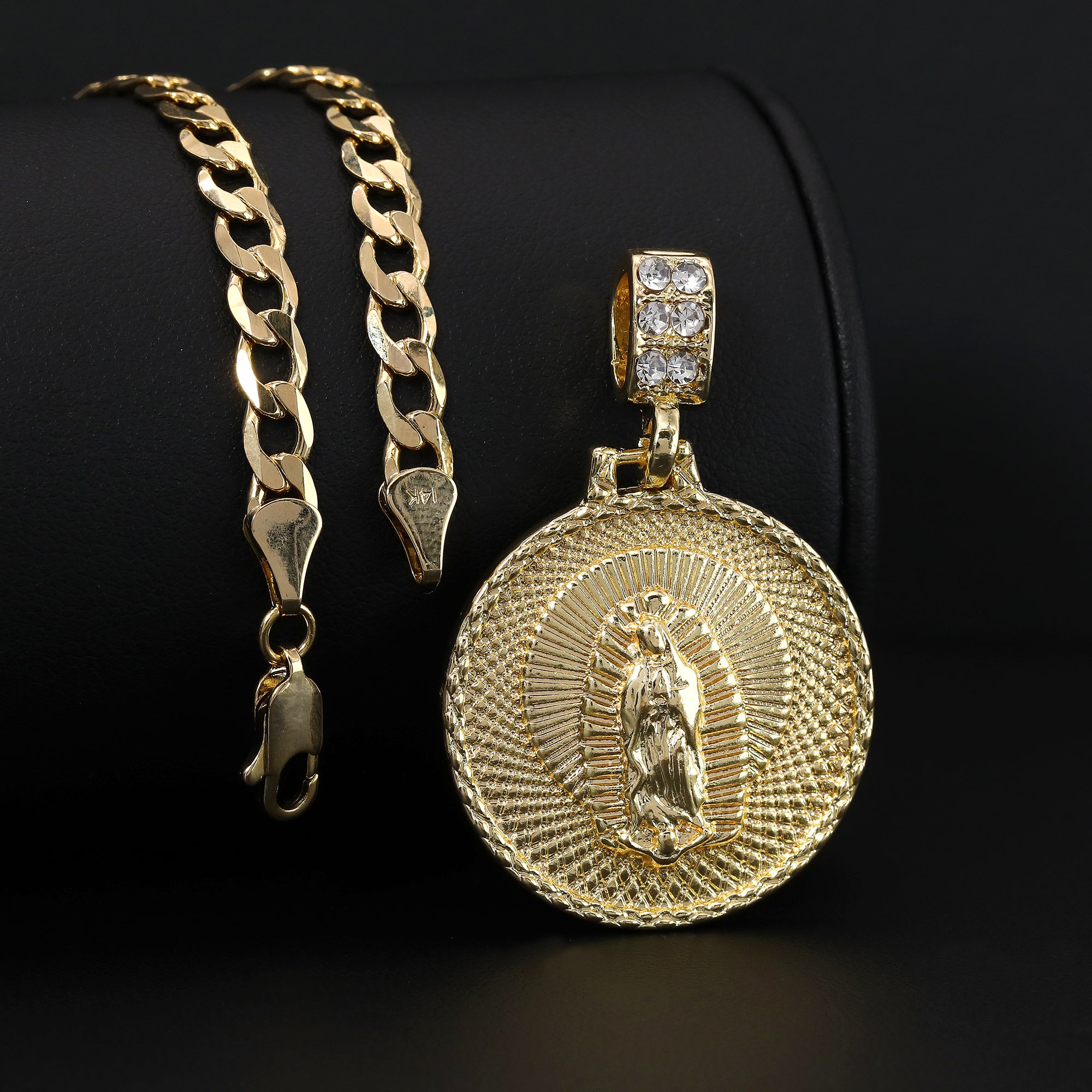 Catholic Round Web Guadalupe Pendant Cubic-Zirconia Gold Plated 20" Cuban Chain